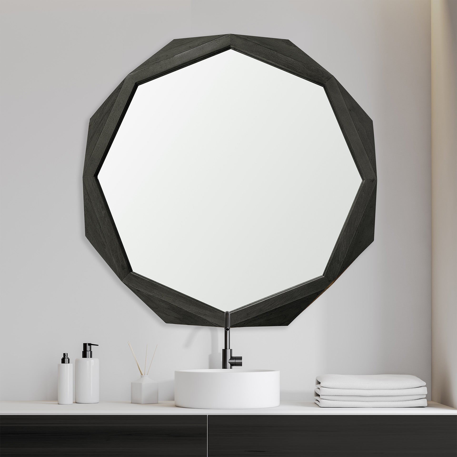 Aramis II 41L x 41H Octagon Black Wood Frame Wall Mirror