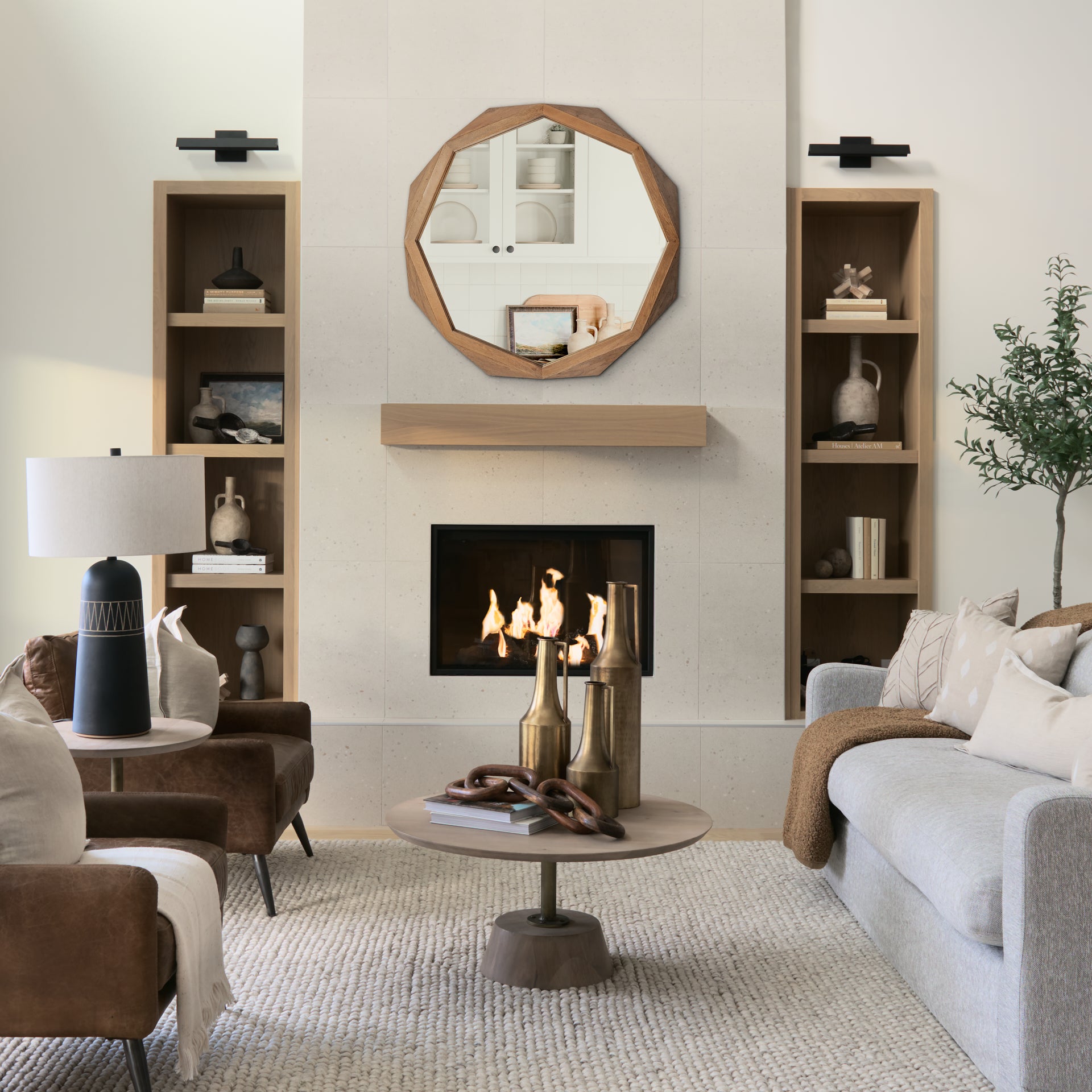 Aramis II 41L x 41H Octagon Brown Wood Frame Wall Mirror
