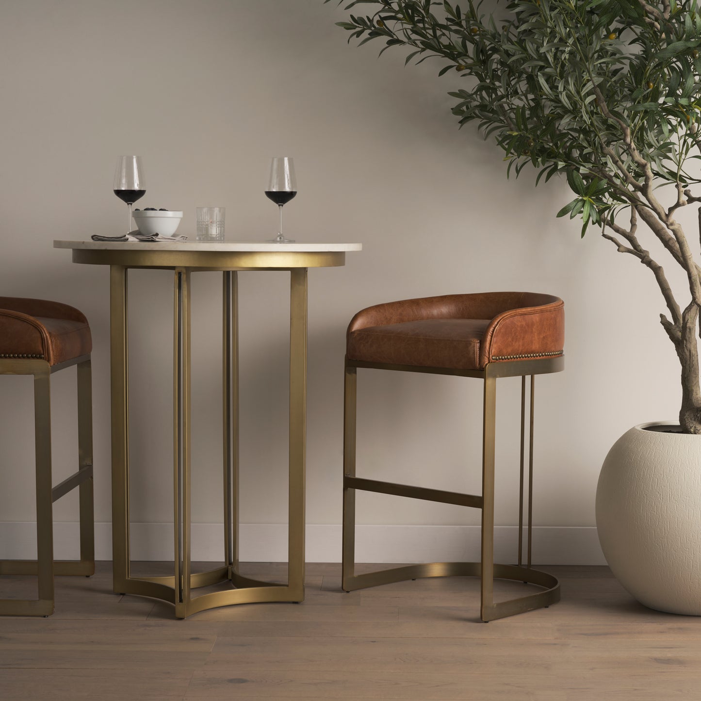 Hollyfield Cognac Brown Leather Seat Gold Metal Base Bar Stool