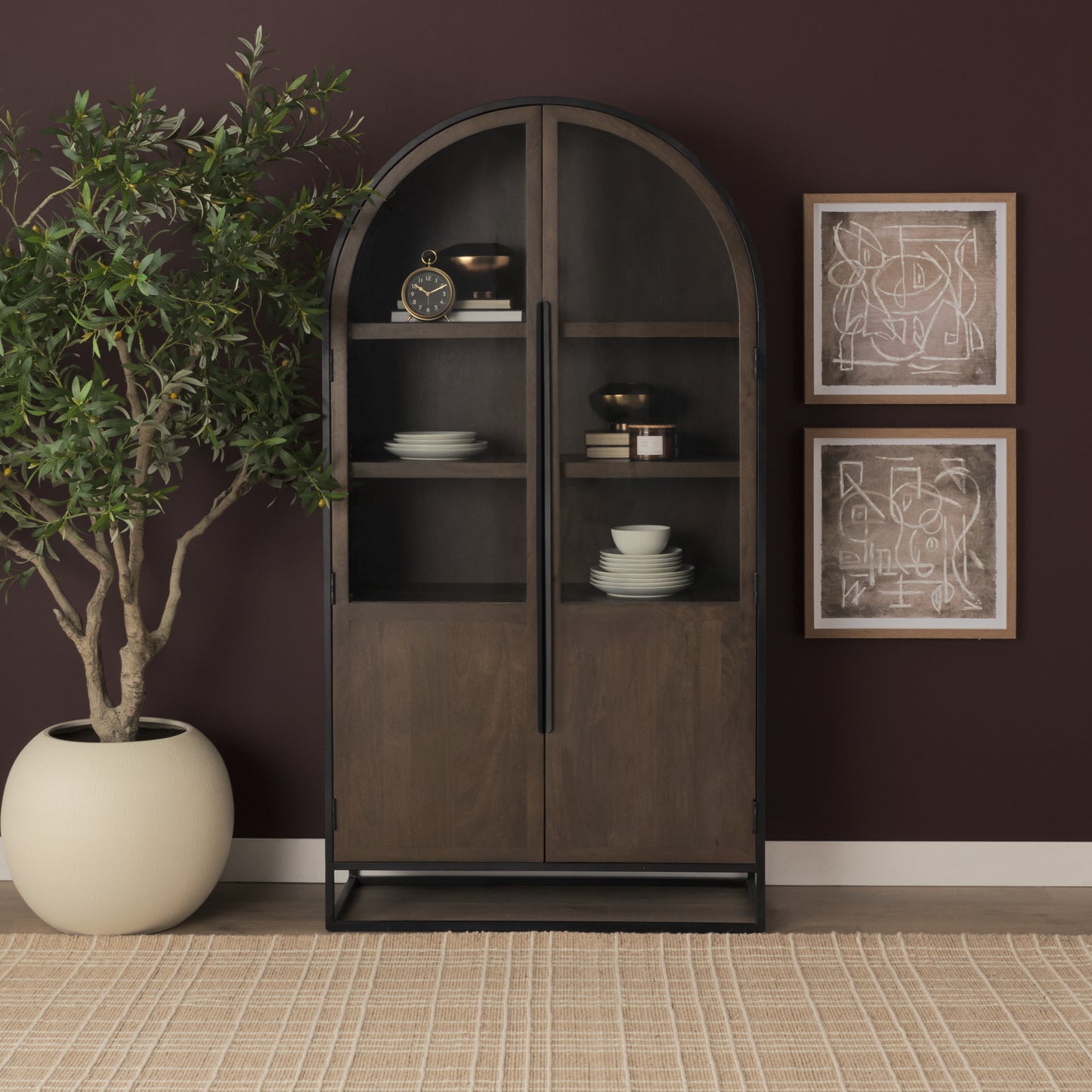 Sloan 42W x 80H Dark Brown Wood W/Black Metal Arched Curio Cabinet