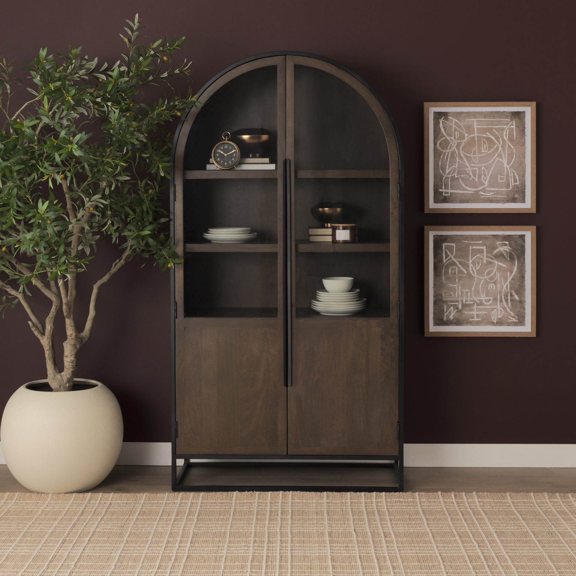 Sloan 42W x 80H Dark Brown Wood W/Black Metal Arched Curio Cabinet