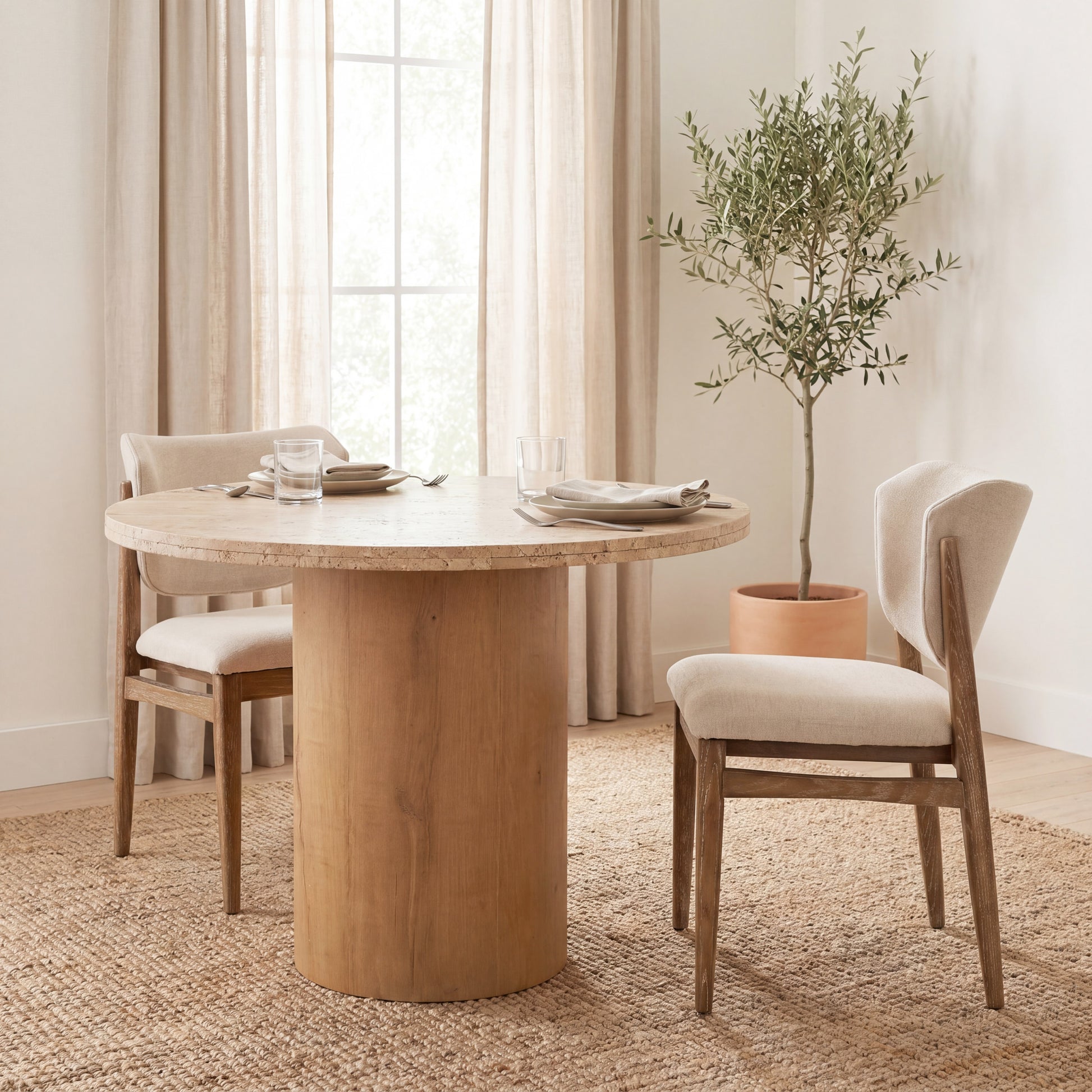 Cline Cream Fabric Upholstered and Light Brown Wood Dining Chair