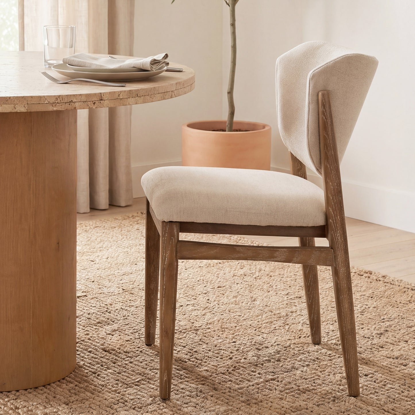 Cline Cream Fabric Upholstered and Light Brown Wood Dining Chair