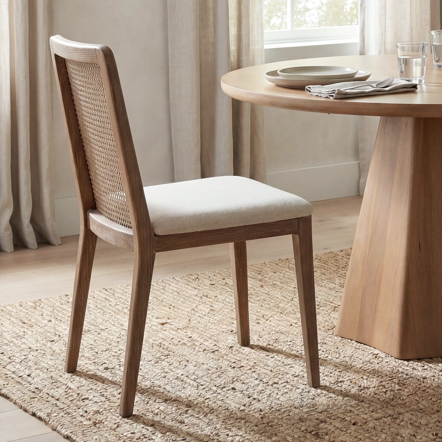 Clara Light Brown Beech Wood W/ Cream Fabric Seat and Cane Back Armless Dining Chair