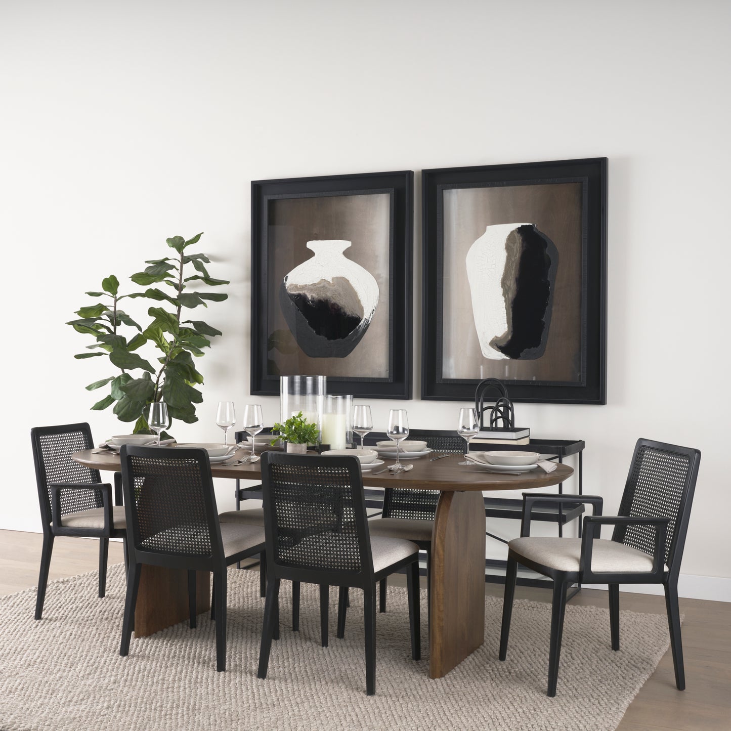 Clara Black Beech Wood W/ Cream Fabric Seat and Cane Back Armless Dining Chair