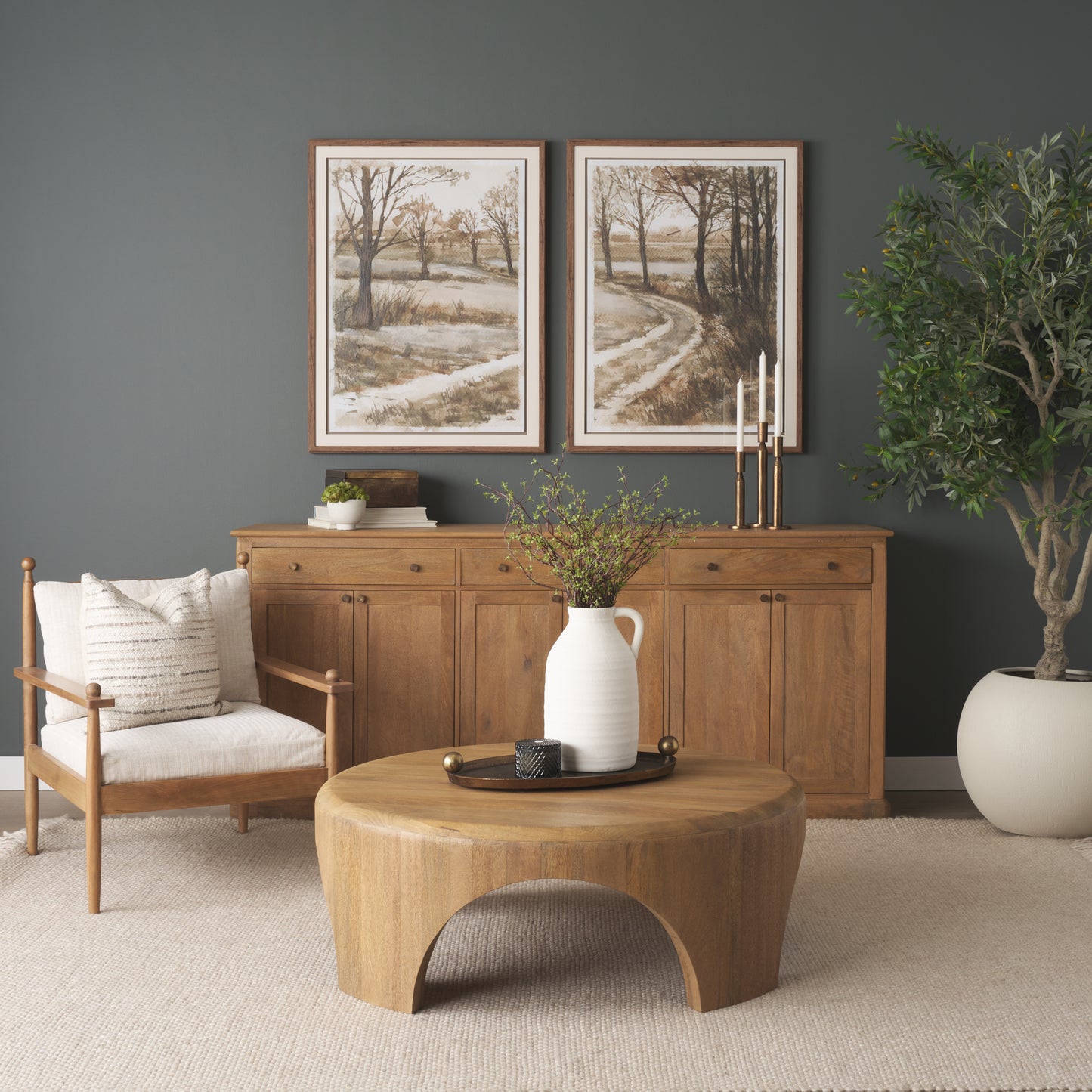 Baron Light Brown Solid Wood w/ Antiqued Brass Knobs 3-Drawer 6-Door Sideboard