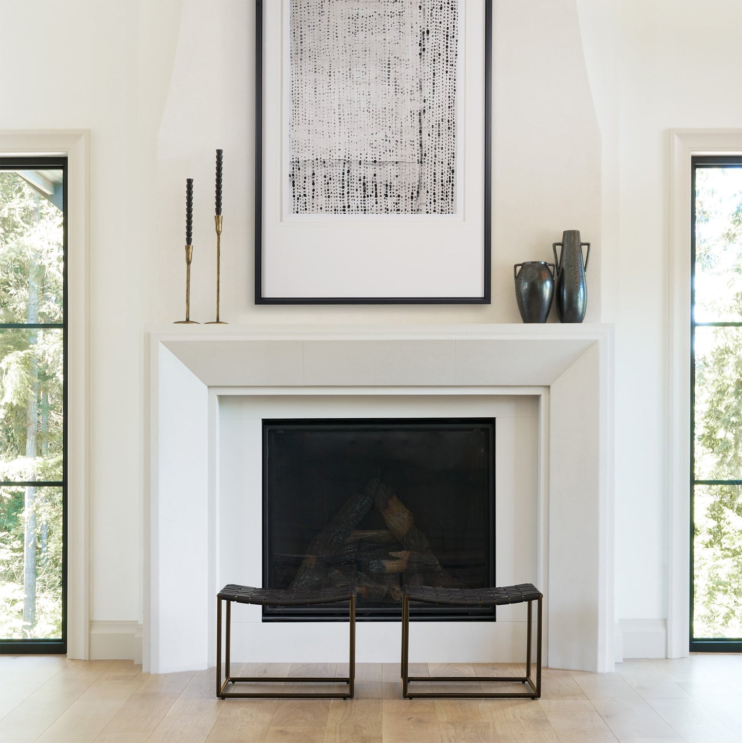 Clarissa 22.0L x 16.0W x 16.75H Black Leather Woven Seat W/ Gold Metal Frame Stool