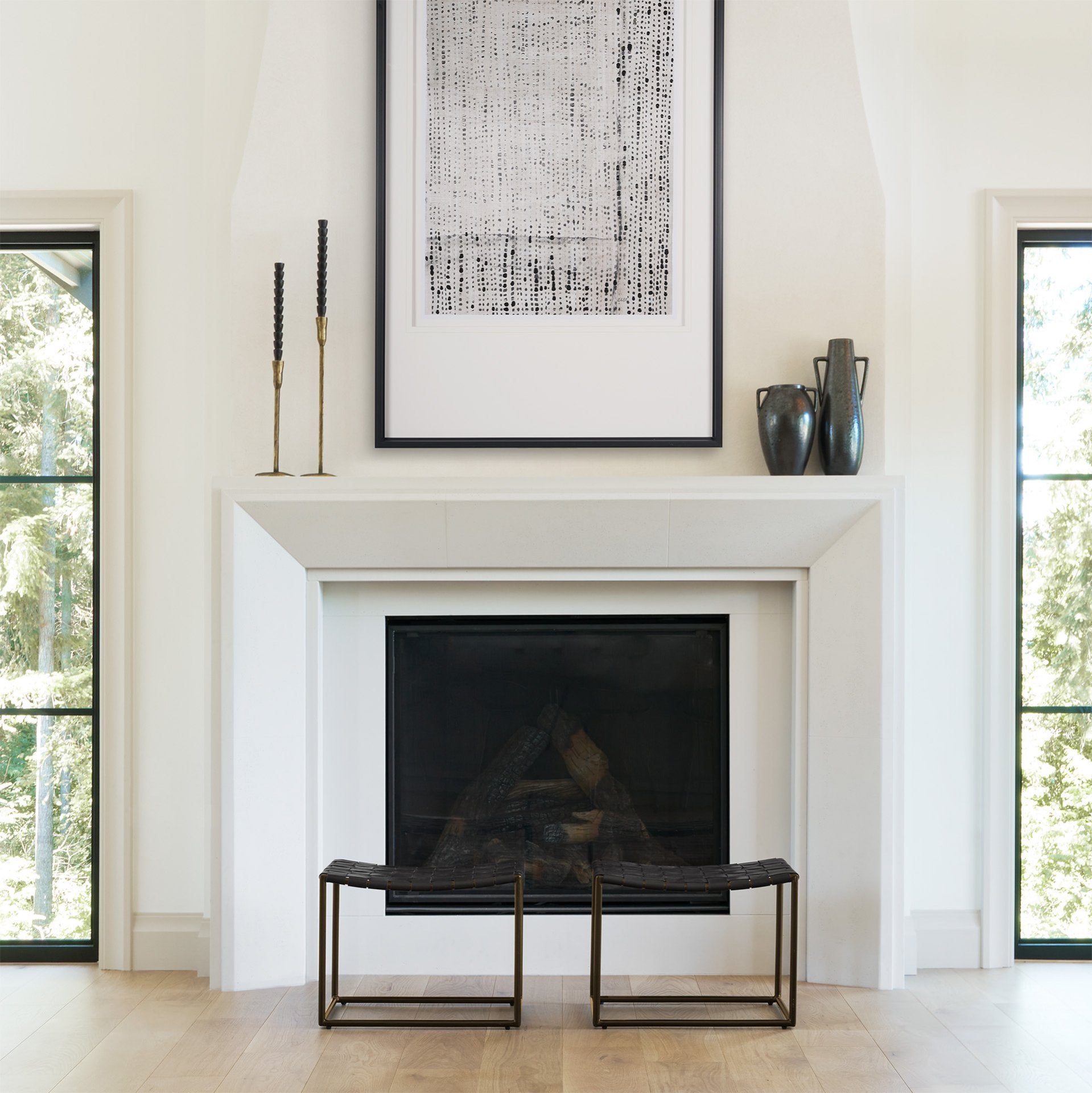 Clarissa 22.0L x 16.0W x 16.75H Black Leather Woven Seat W/ Gold Metal Frame Stool