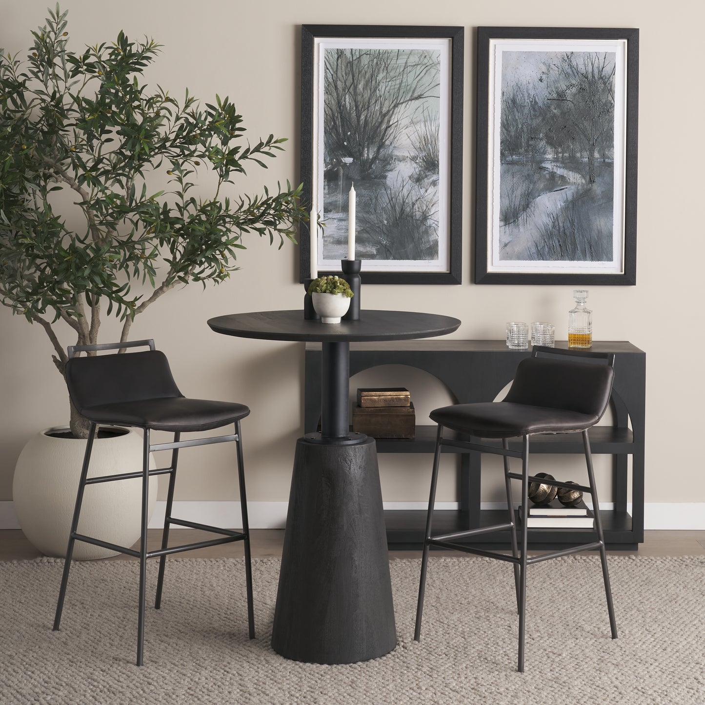 Kavalan 37.5" Total Height Ebony Leather Seat Black Metal Frame Bar Stool