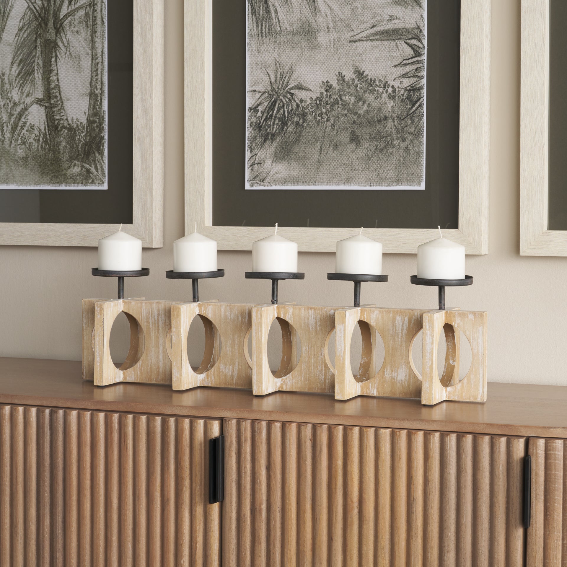 Cambie 29.0L x 6.0W x 9.0H Natural Wood W/Black Metal Candle Holders