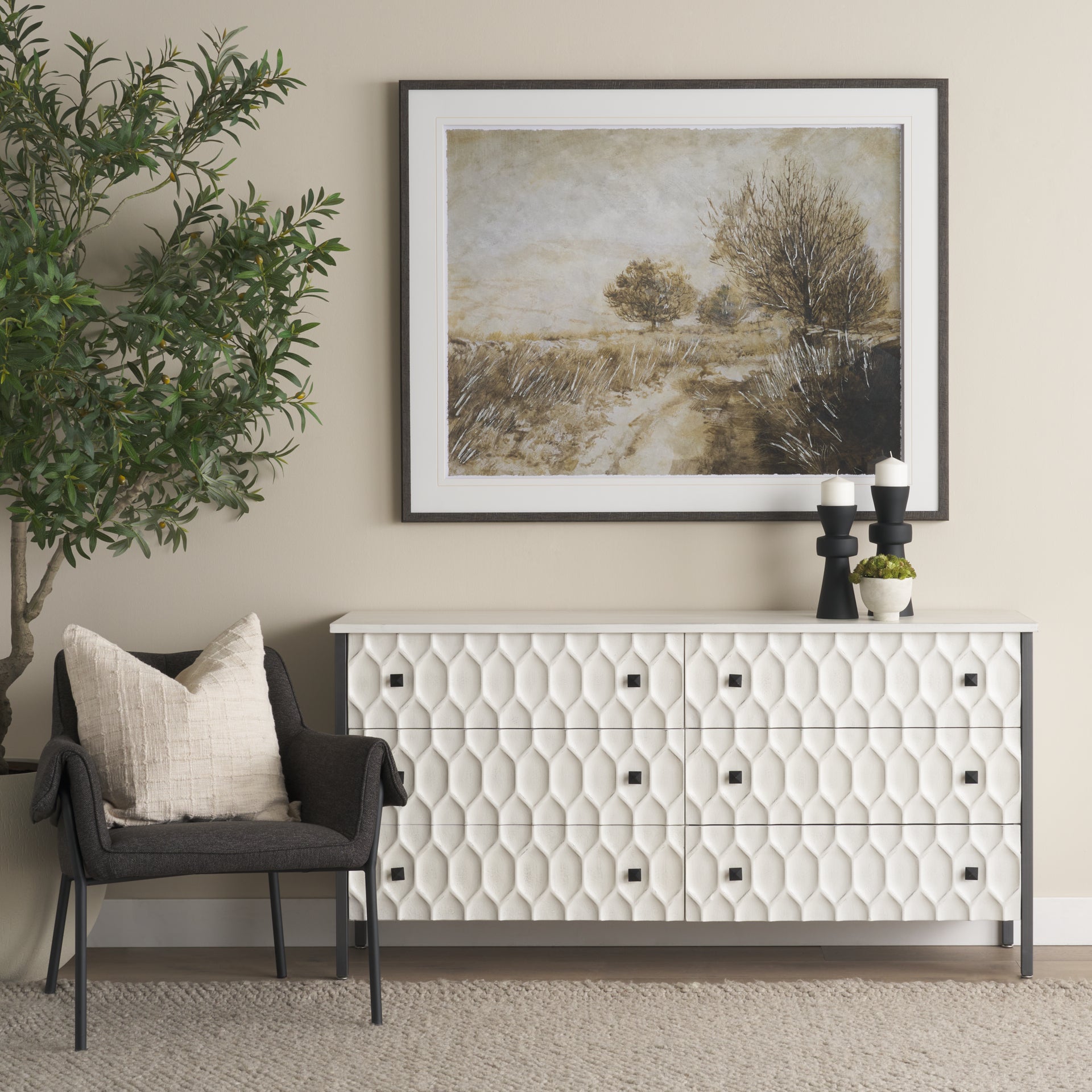 Savannah White Fir Veneer w/ Gray Metal 6-Drawer Sideboard