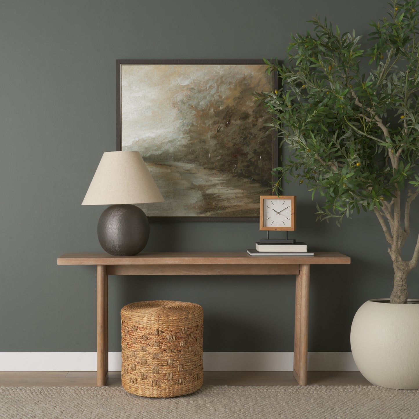 Renaya Light Brown Wood w/ Matte Black Metal Base Table Clock