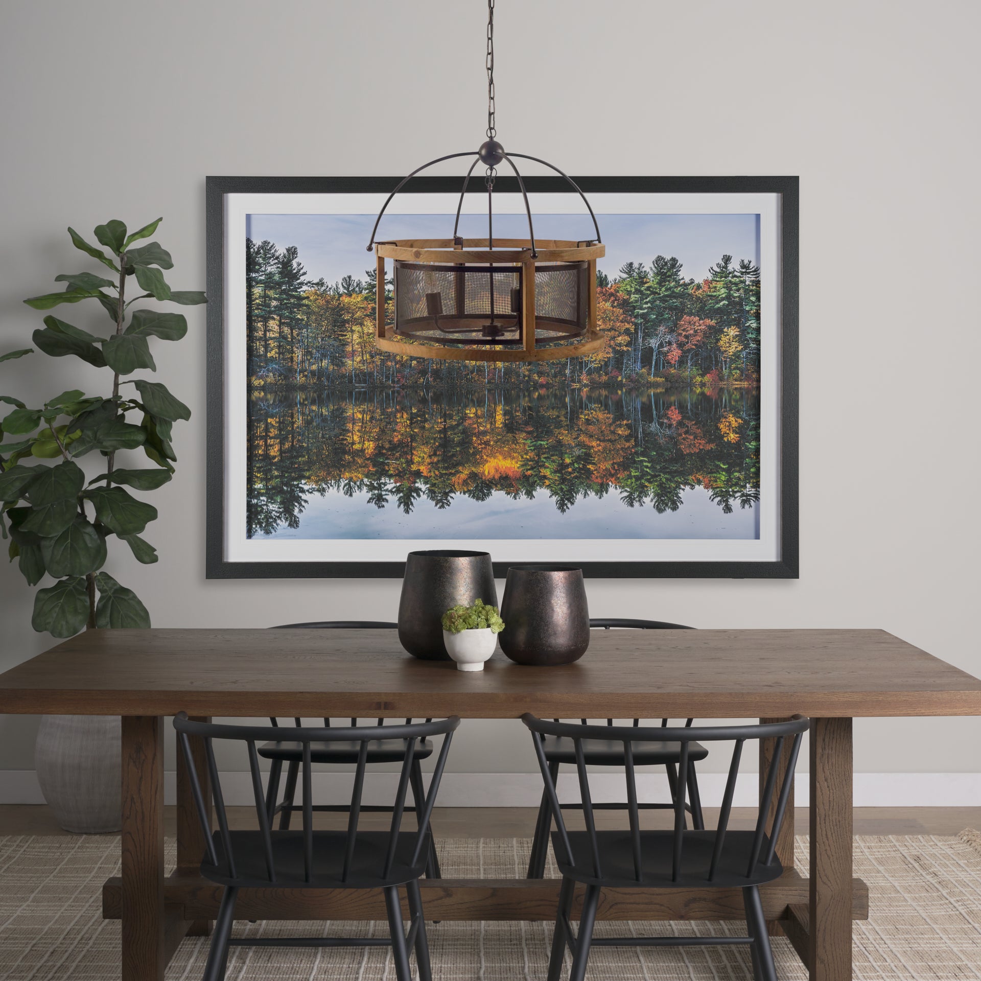 Penhill (25"x24") Black and Wooden Three Bulb Chandelier