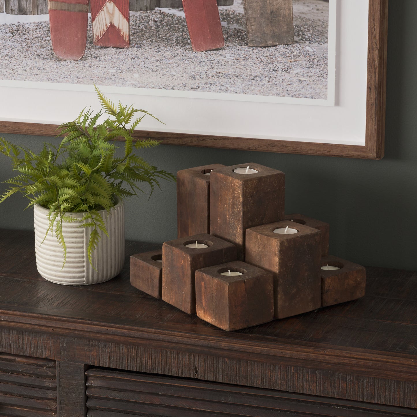 Cassius Light Brown Nine Wood Block Table Candle Holder