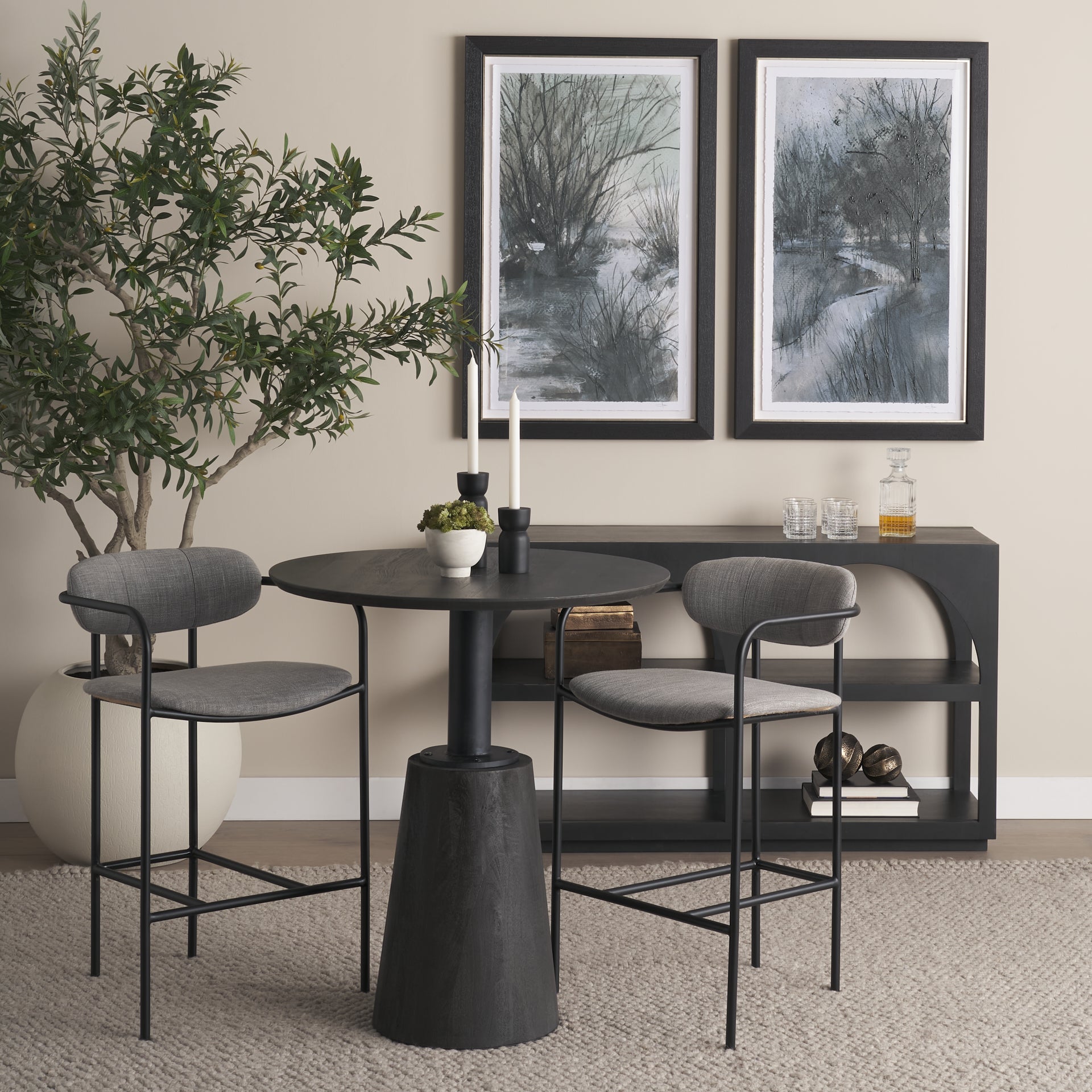 Maxwell 32" Round Black-Brown Wood w/ Black Metal Pedestal Bistro Table