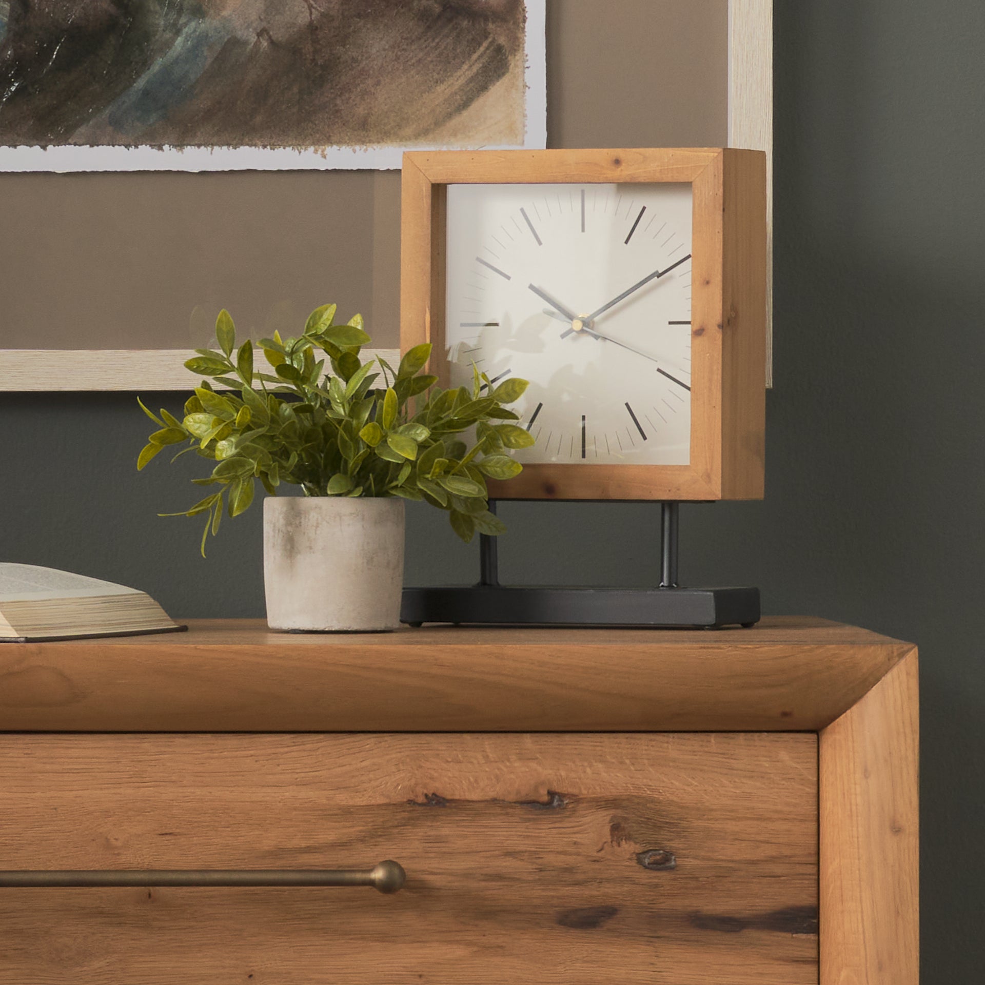 Renaya Light Brown Wood w/ Matte Black Metal Base Table Clock
