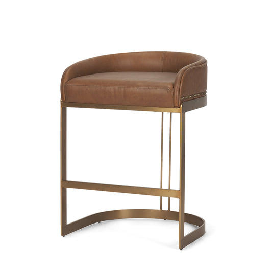 Hollyfield Cognac Brown Leather Seat Gold Metal Base Counter Stool