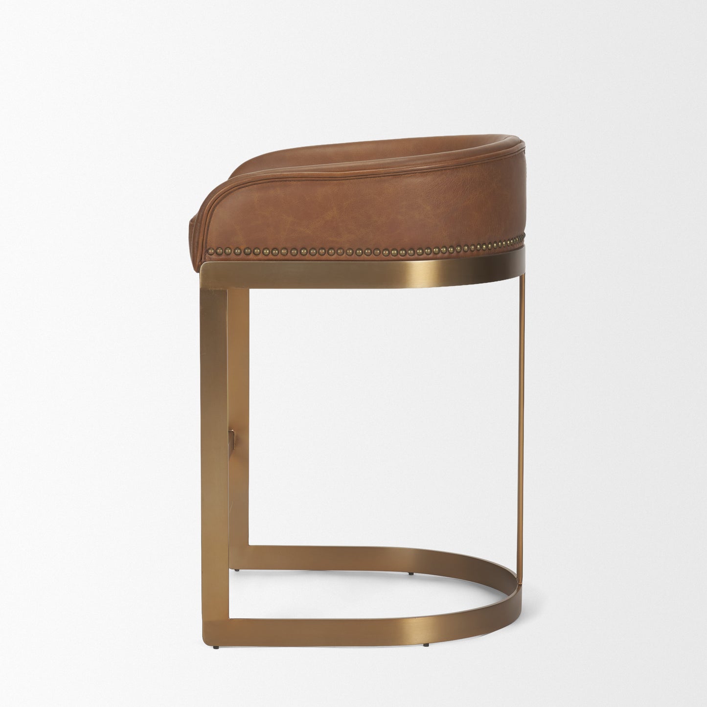 Hollyfield Cognac Brown Leather Seat Gold Metal Base Counter Stool