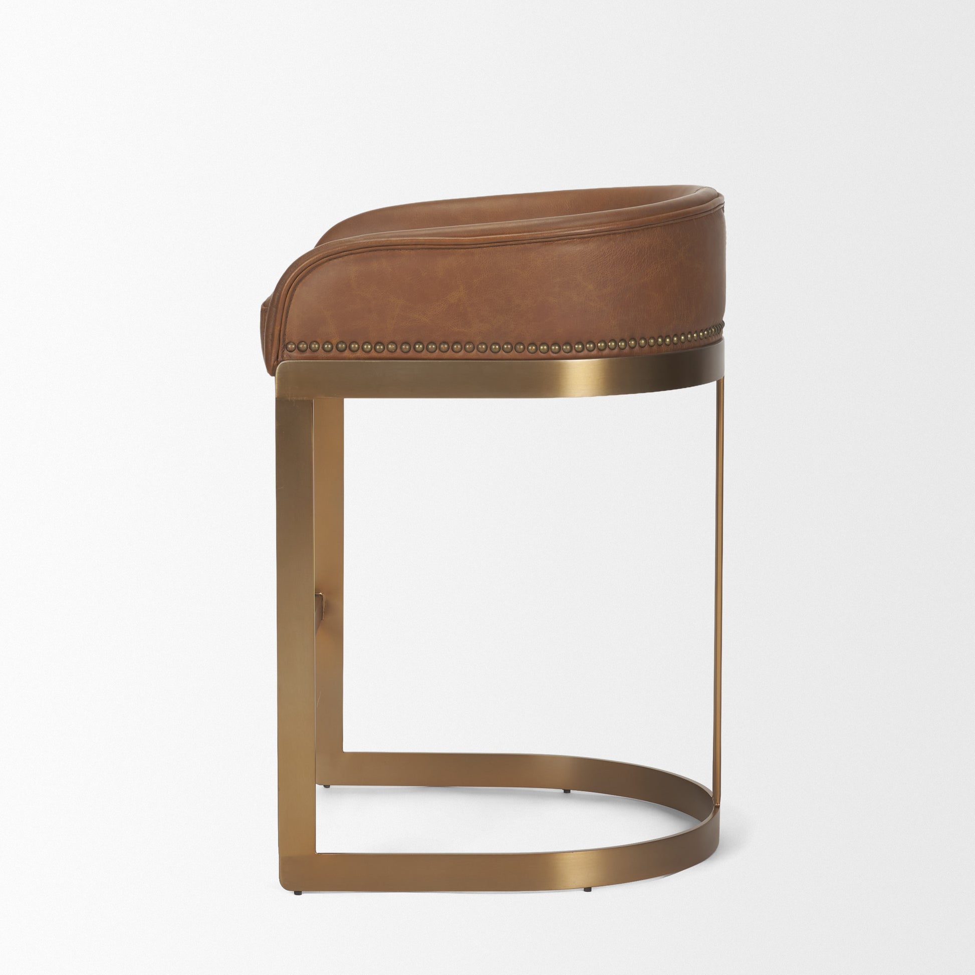 Hollyfield Cognac Brown Leather Seat Gold Metal Base Counter Stool