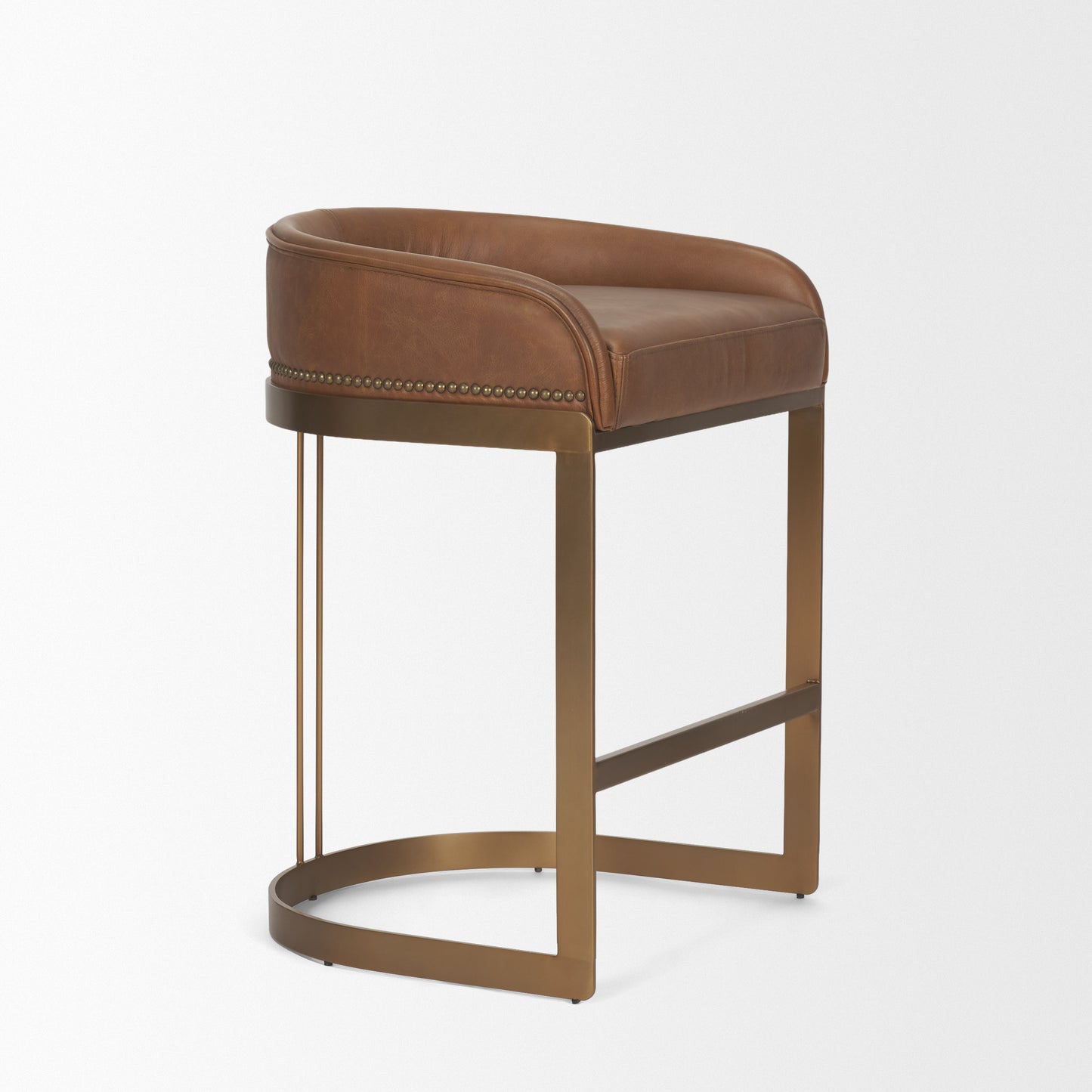 Hollyfield Cognac Brown Leather Seat Gold Metal Base Counter Stool