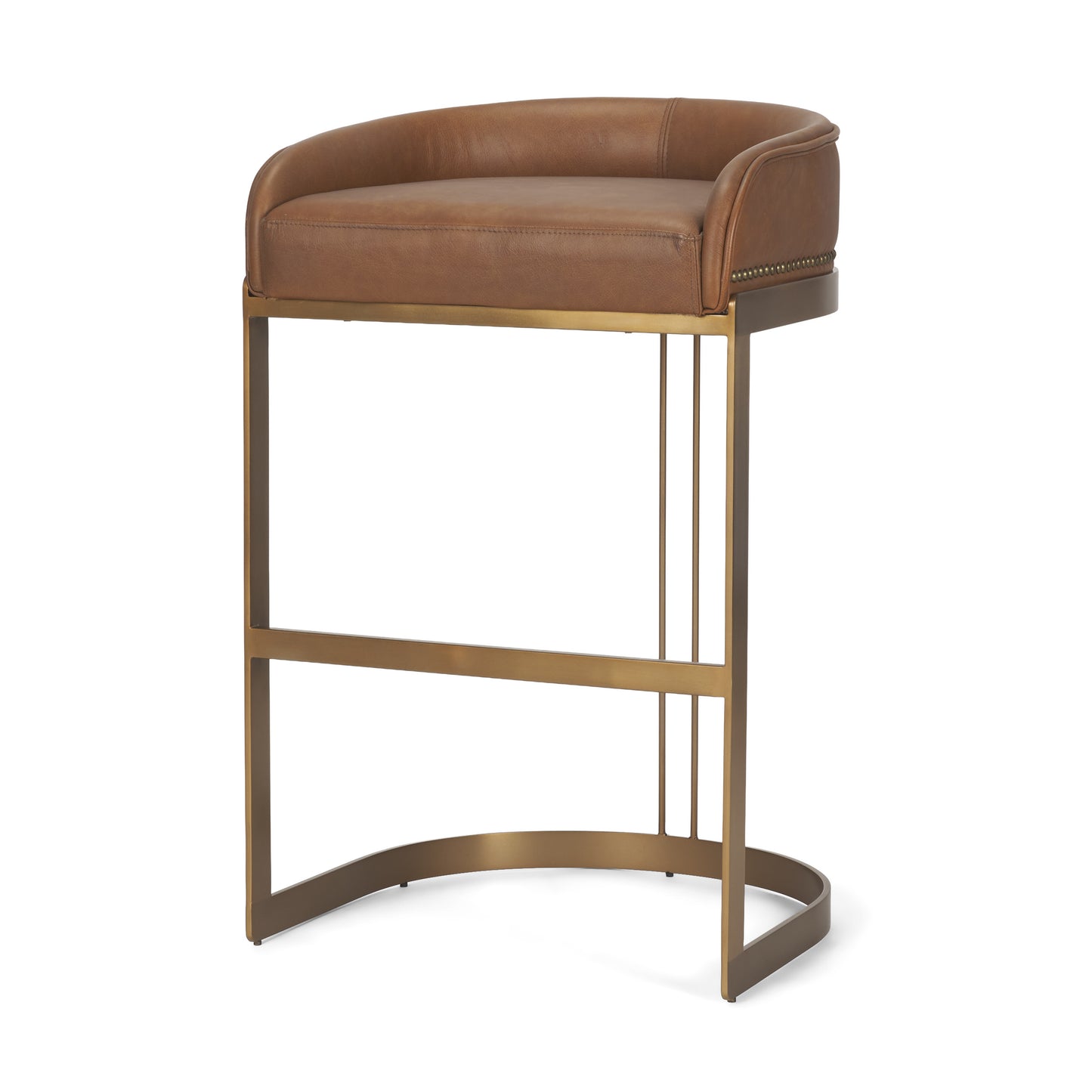 Hollyfield Cognac Brown Leather Seat Gold Metal Base Bar Stool