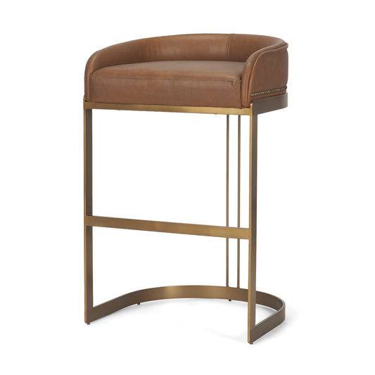 Hollyfield Cognac Brown Leather Seat Gold Metal Base Bar Stool