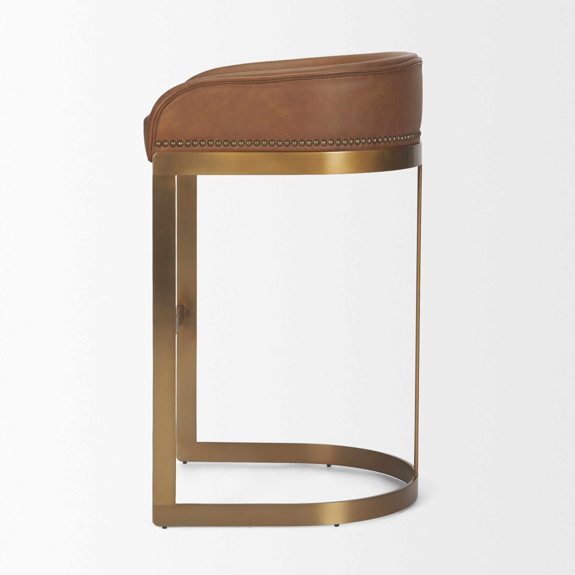 Hollyfield Cognac Brown Leather Seat Gold Metal Base Bar Stool