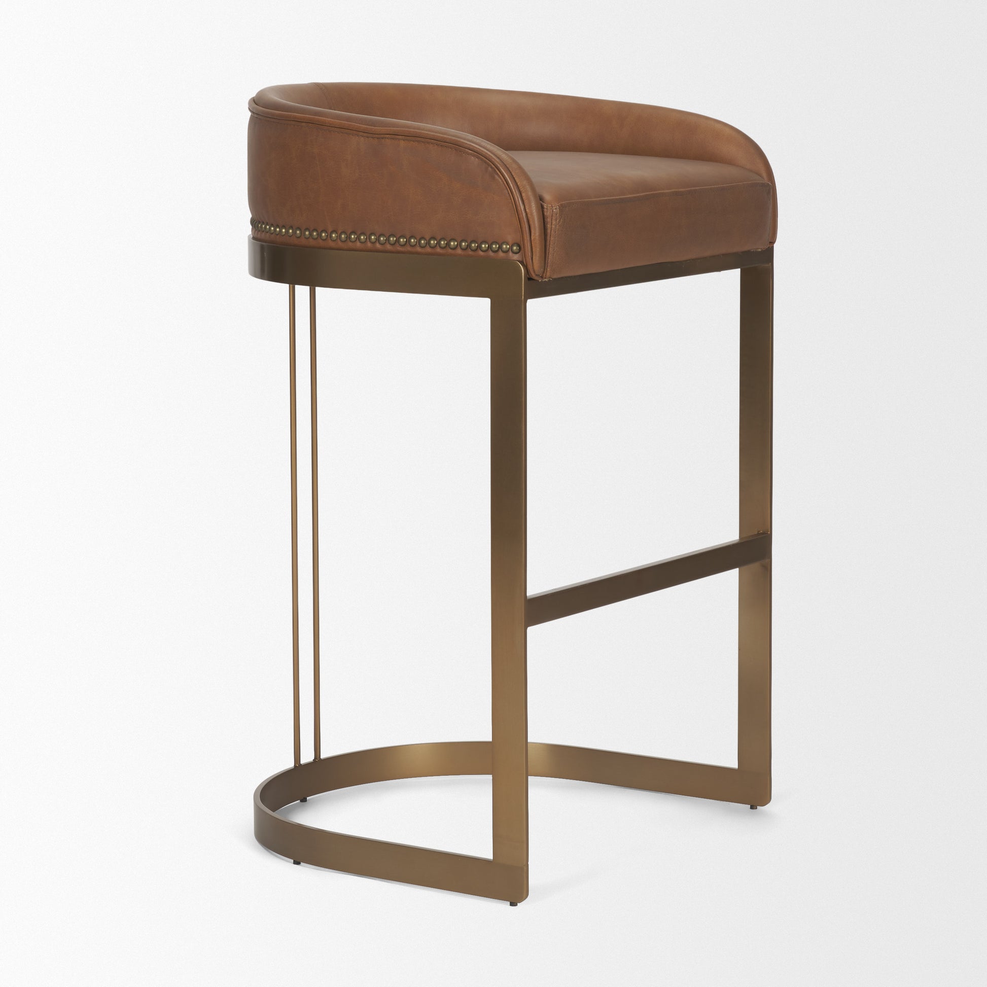 Hollyfield Cognac Brown Leather Seat Gold Metal Base Bar Stool