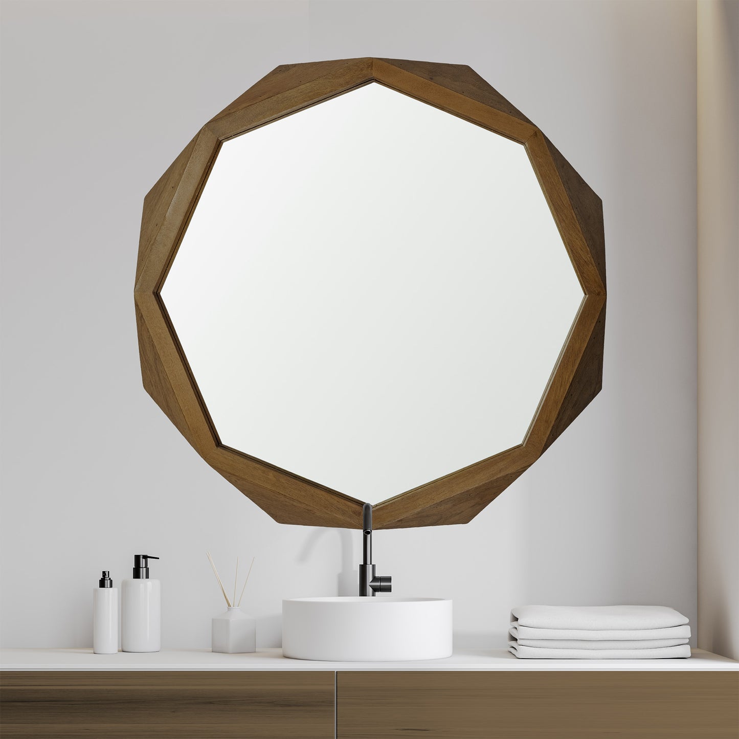 Aramis II 41L x 41H Octagon Brown Wood Frame Wall Mirror