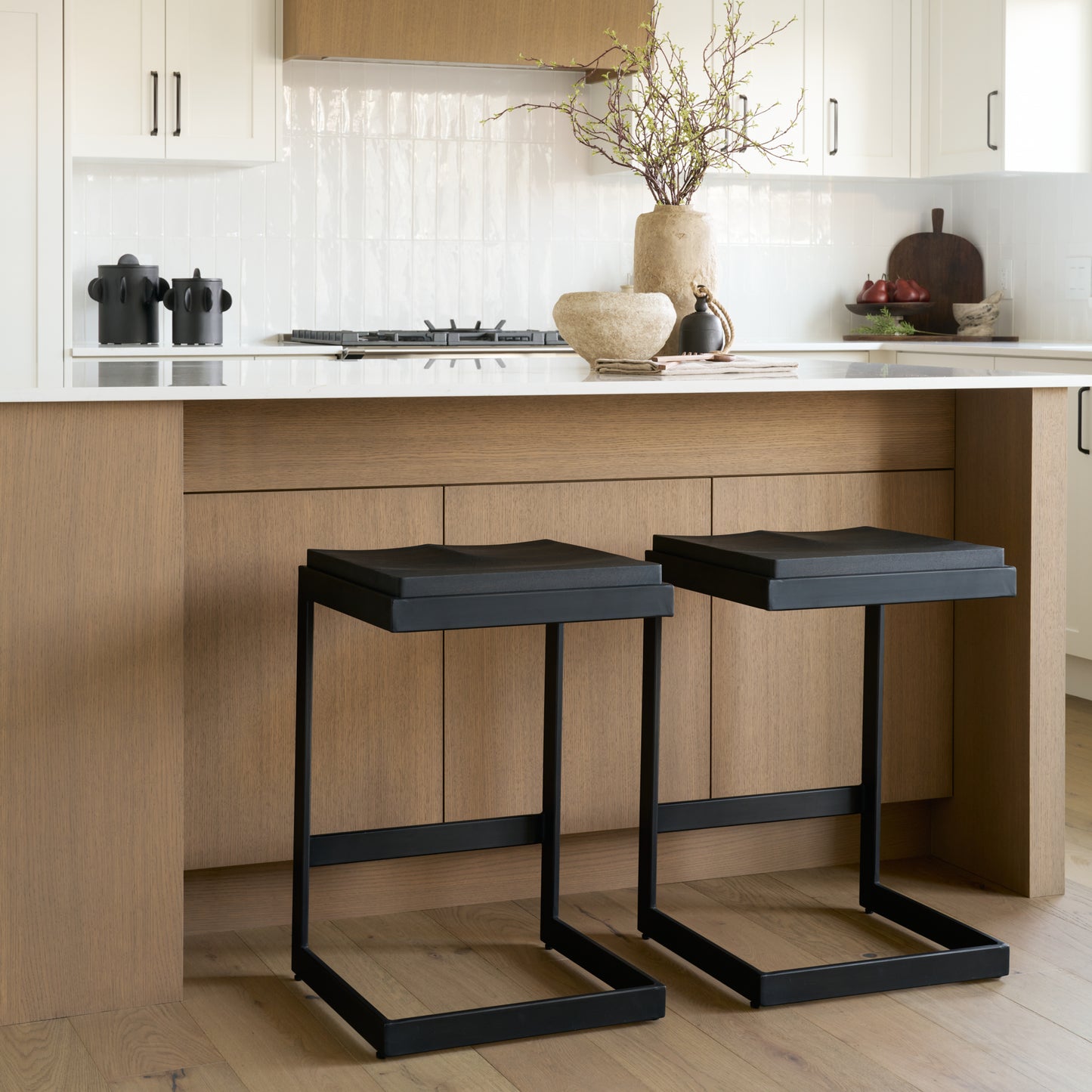 Kiran 17L x 17W x 26H Black Wood W/ Black Metal Base C-Shape Counter Stool