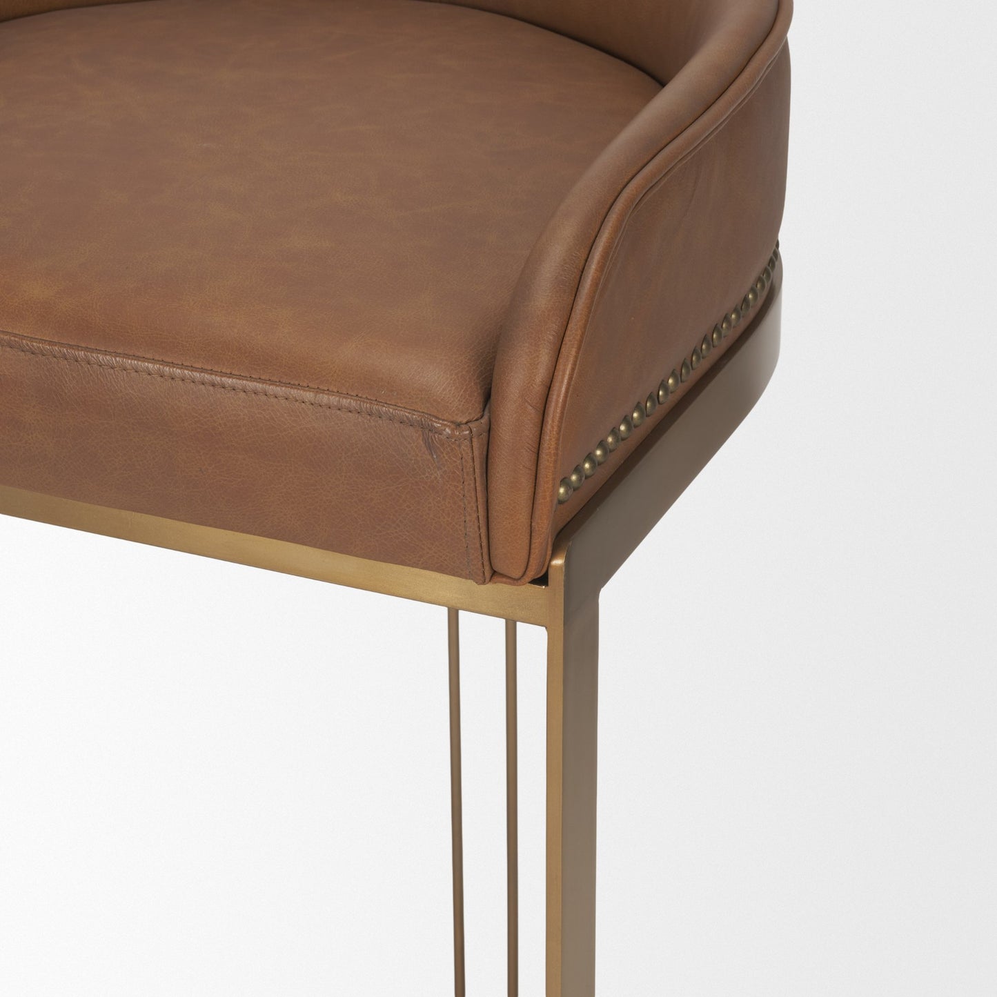 Hollyfield Cognac Brown Leather Seat Gold Metal Base Bar Stool