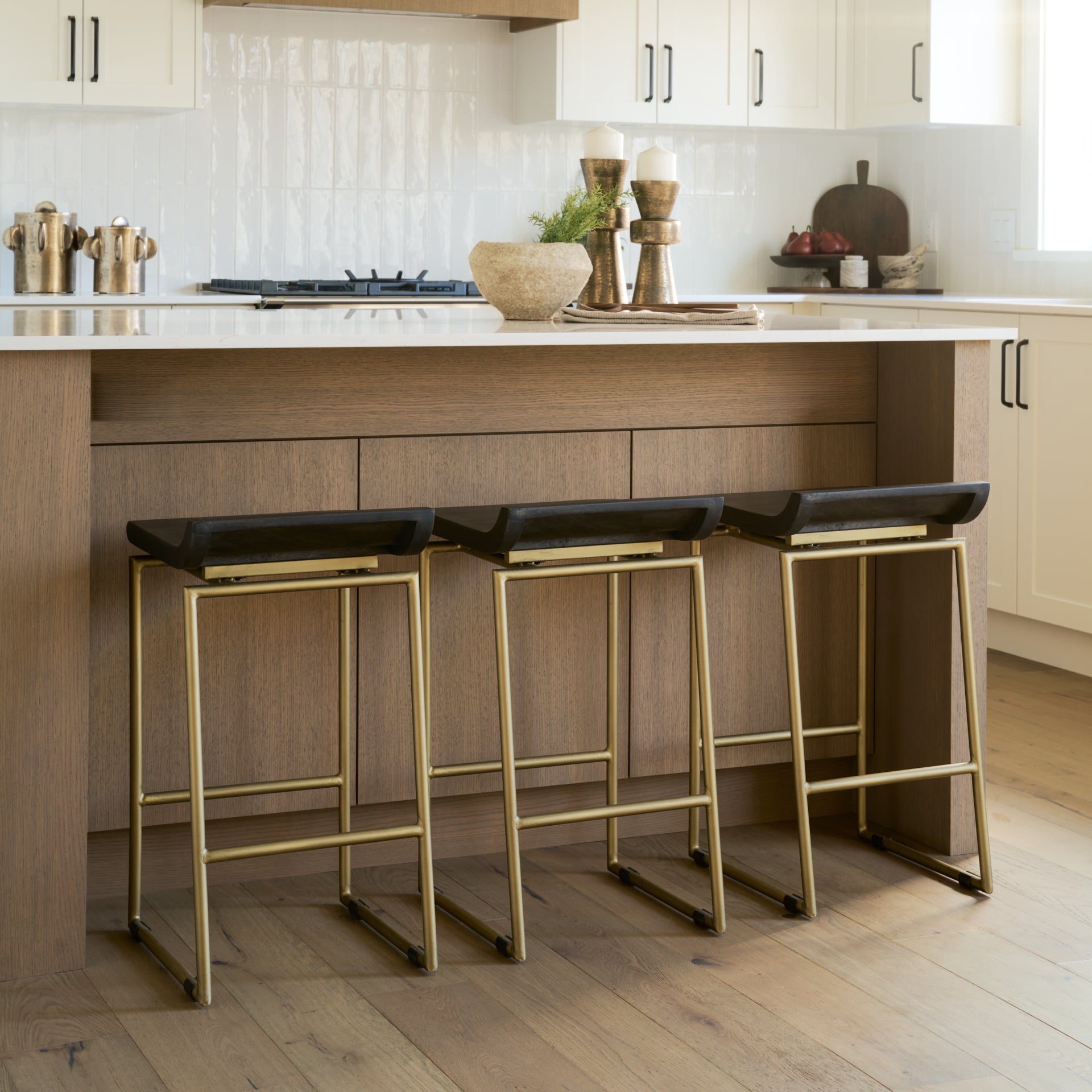 Givens 24.25"H Brown Wood Seat Gold Metal Frame Stool
