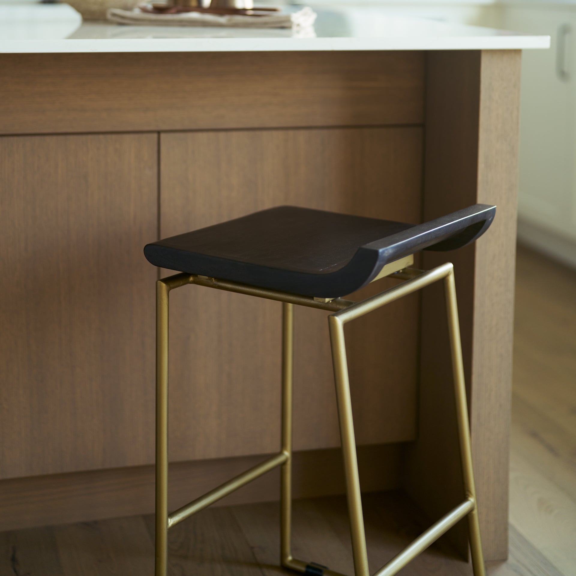 Givens 24.25"H Brown Wood Seat Gold Metal Frame Stool