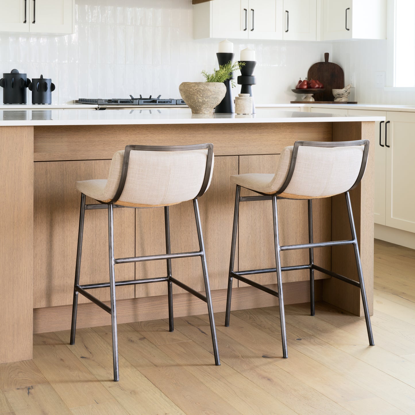 Kavalan 33.5" Total Height Beige Upholstered Seat Gray Metal Frame Counter Stool