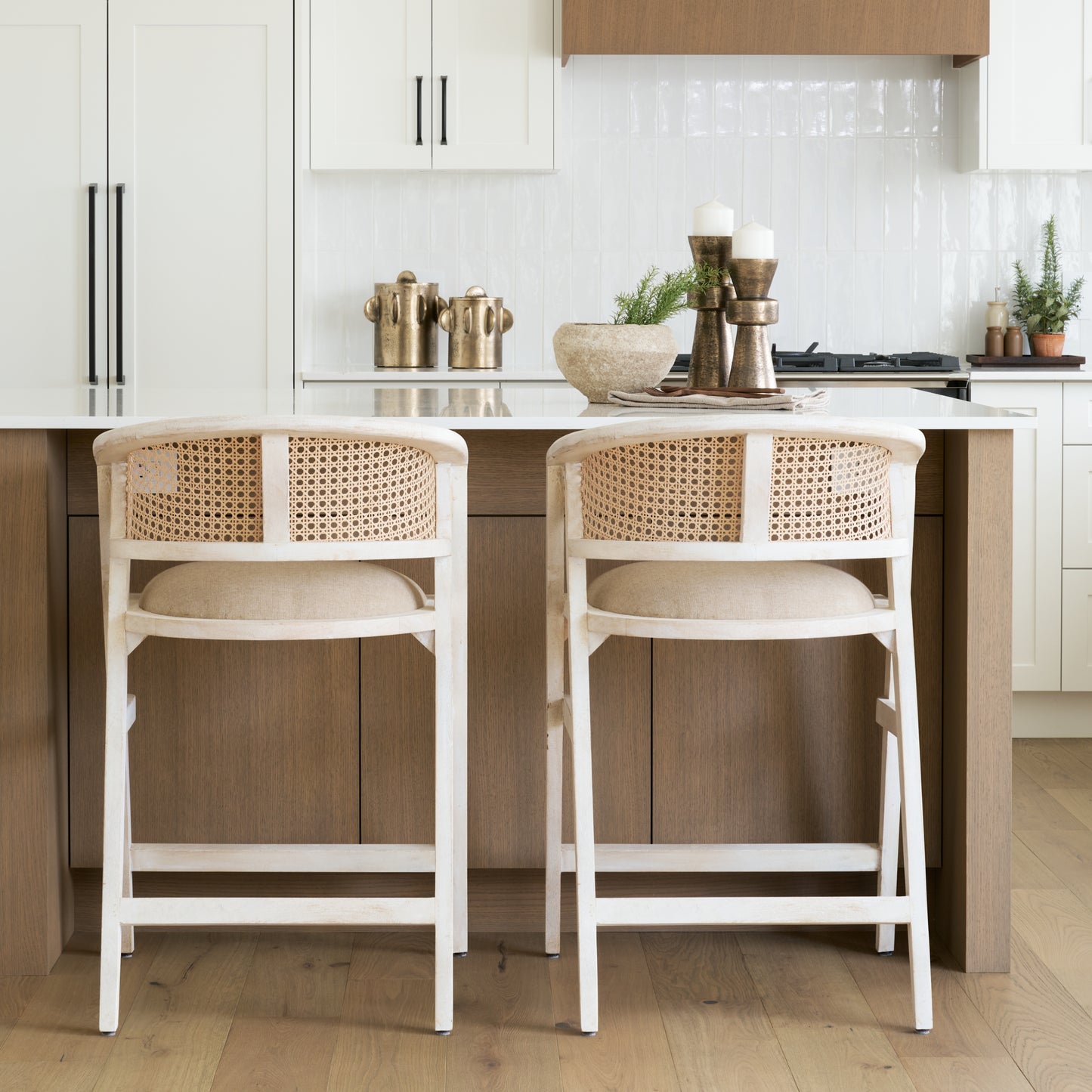 Tabitha 26.75" Seat Height Beige Fabric/Rattan Seat Blonde Wood Frame Counter Stool