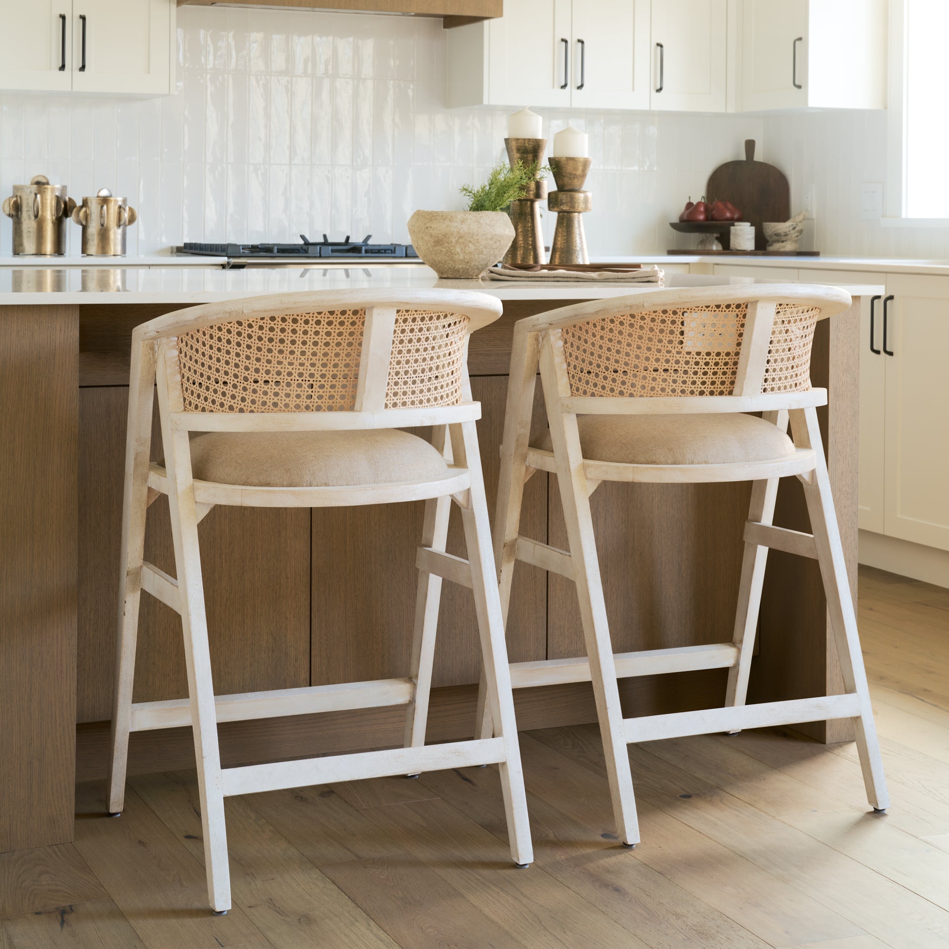 Tabitha 26.75" Seat Height Beige Fabric/Rattan Seat Blonde Wood Frame Counter Stool