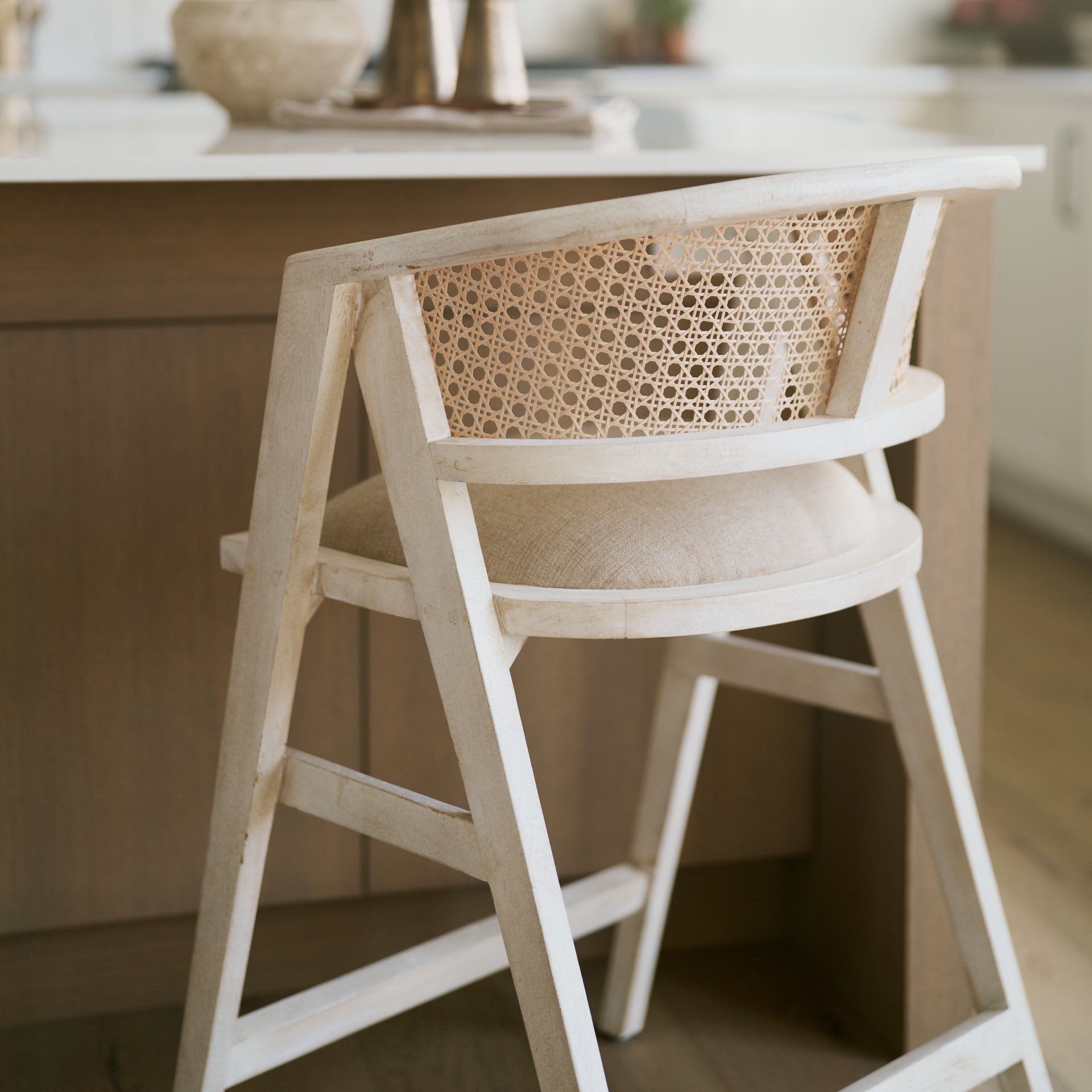 Tabitha 26.75" Seat Height Beige Fabric/Rattan Seat Blonde Wood Frame Counter Stool