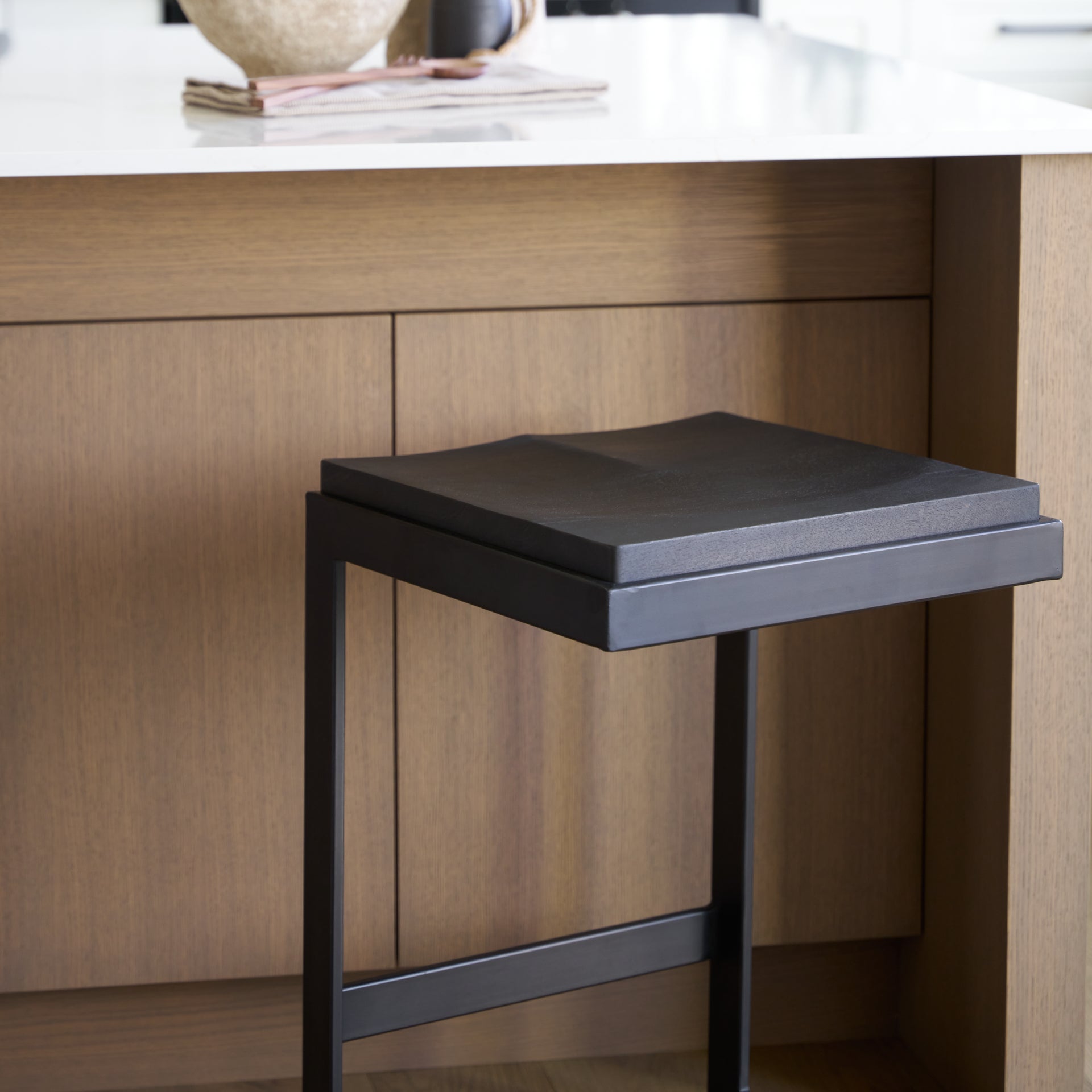 Kiran 17L x 17W x 26H Black Wood W/ Black Metal Base C-Shape Counter Stool