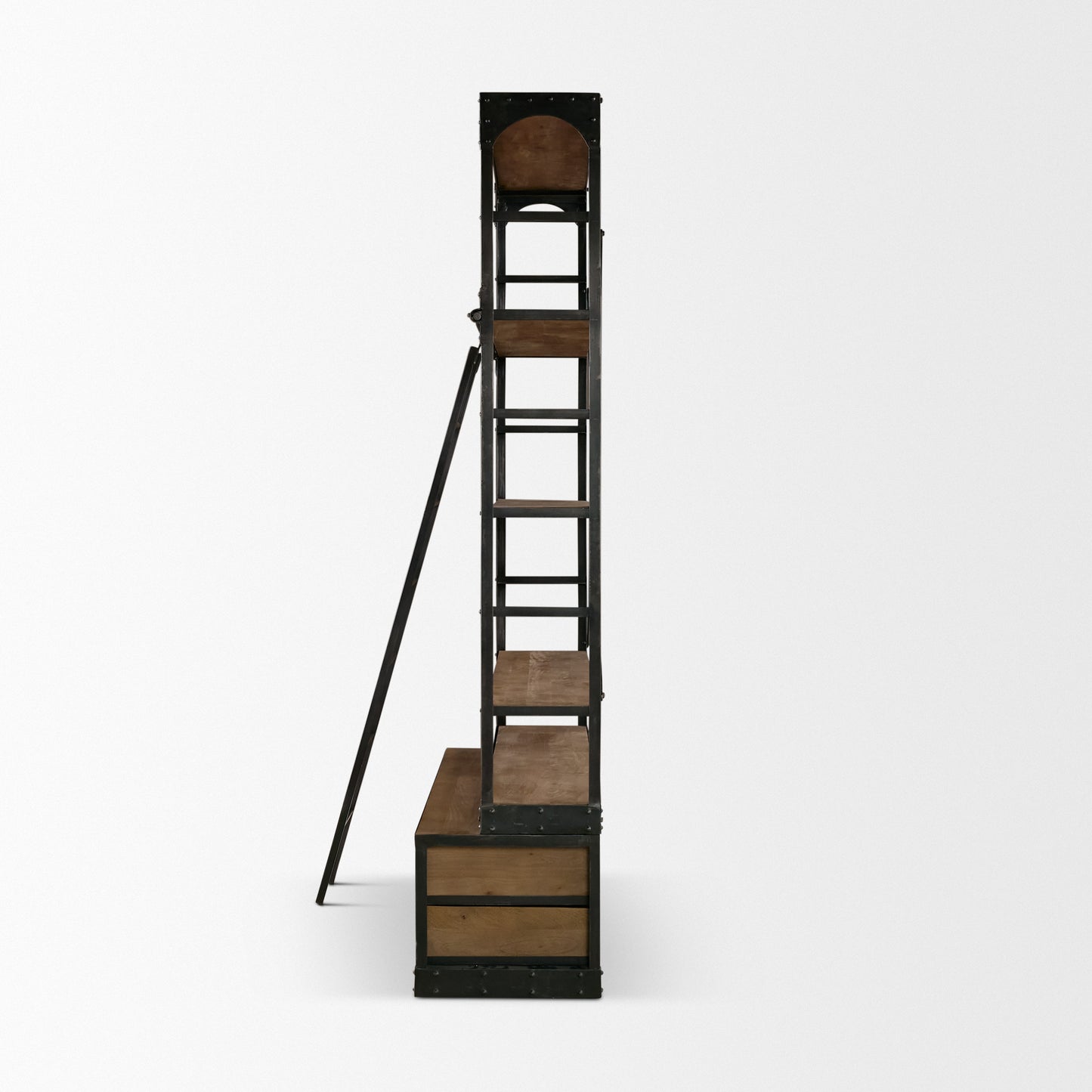 Brodie VIII 57L x 20.5W x 94H Brown Wood Gun-Metal Ladder Four Shelf Shelving Unit