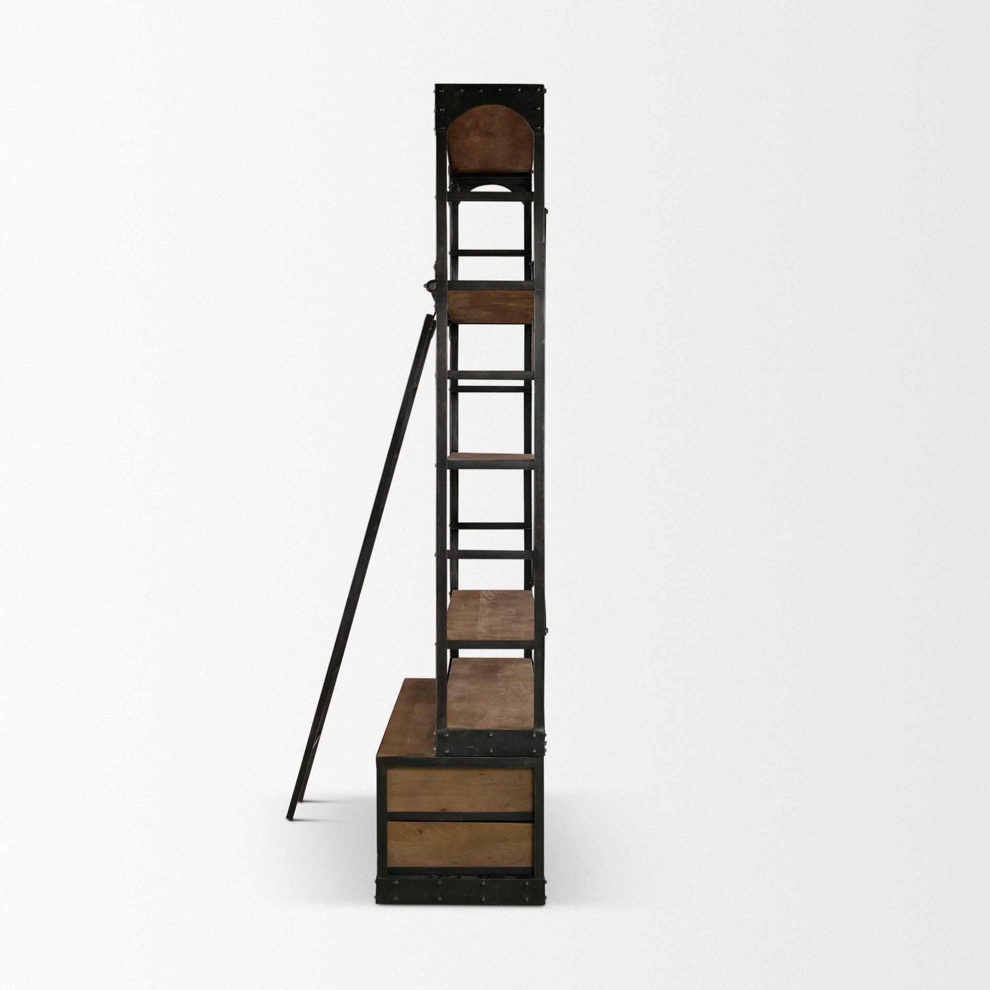 Brodie VIII 57L x 20.5W x 94H Brown Wood Gun-Metal Ladder Four Shelf Shelving Unit