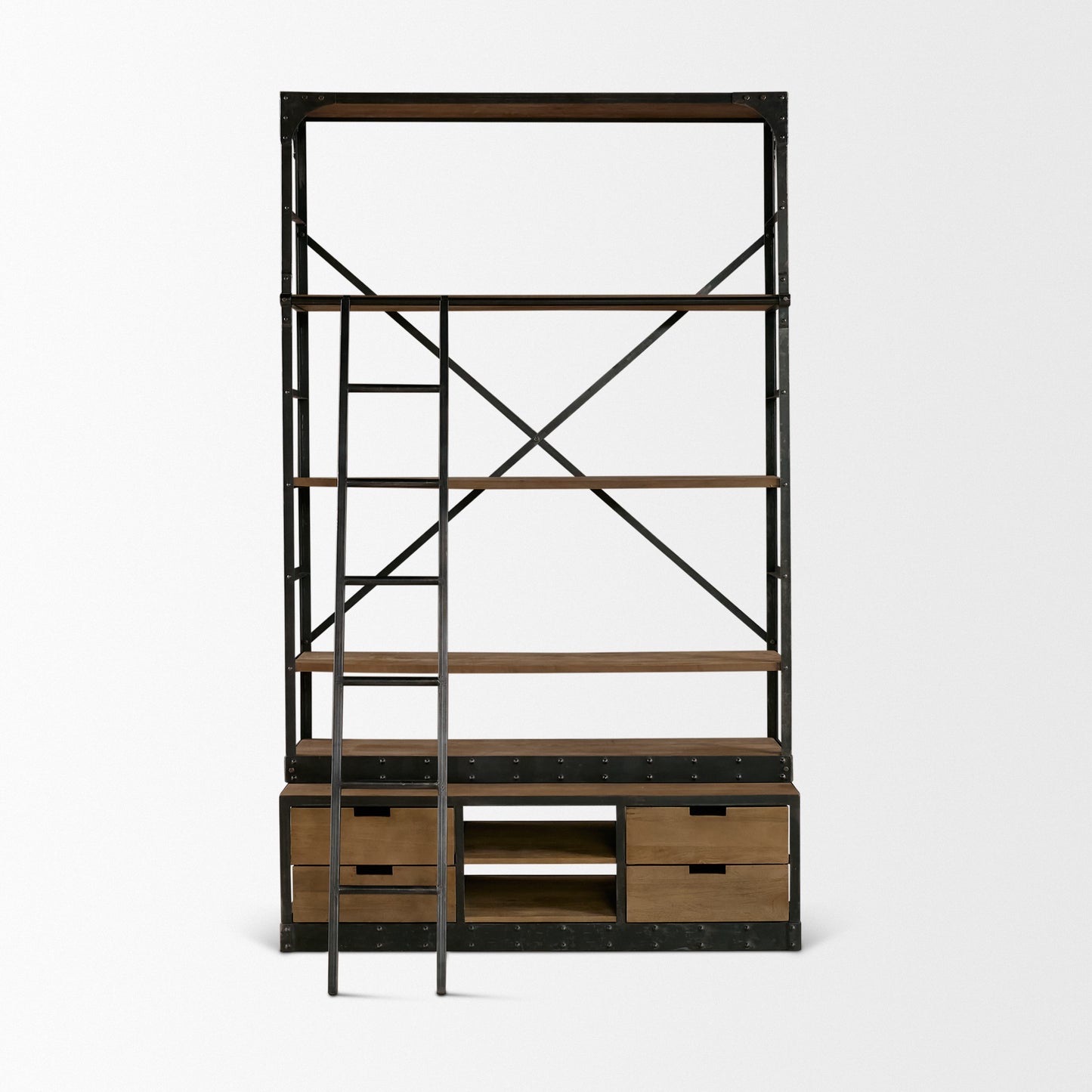 Brodie VIII 57L x 20.5W x 94H Brown Wood Gun-Metal Ladder Four Shelf Shelving Unit