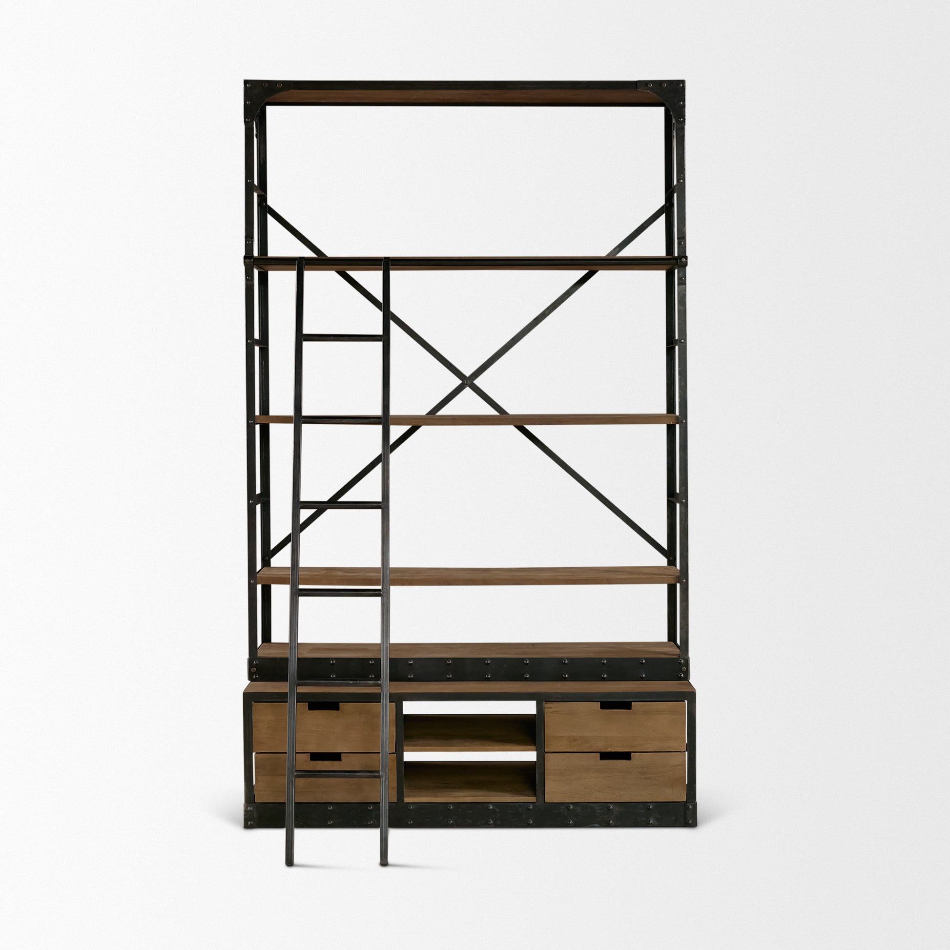 Brodie VIII 57L x 20.5W x 94H Brown Wood Gun-Metal Ladder Four Shelf Shelving Unit