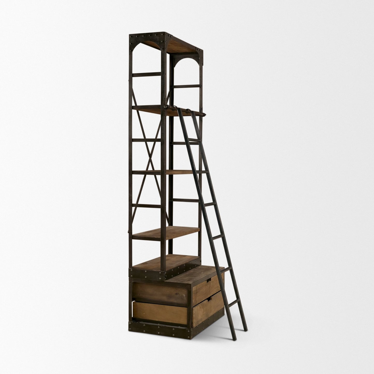 Brodie VII 32L x 22W x 94H Brown Wood Gun-Metal Bracing Four Shelf Shelving Unit