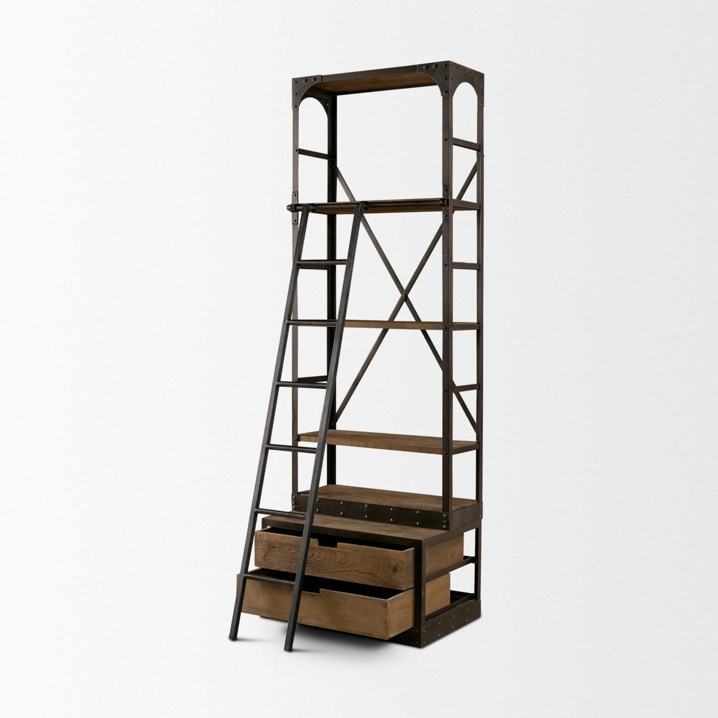 Brodie VII 32L x 22W x 94H Brown Wood Gun-Metal Bracing Four Shelf Shelving Unit