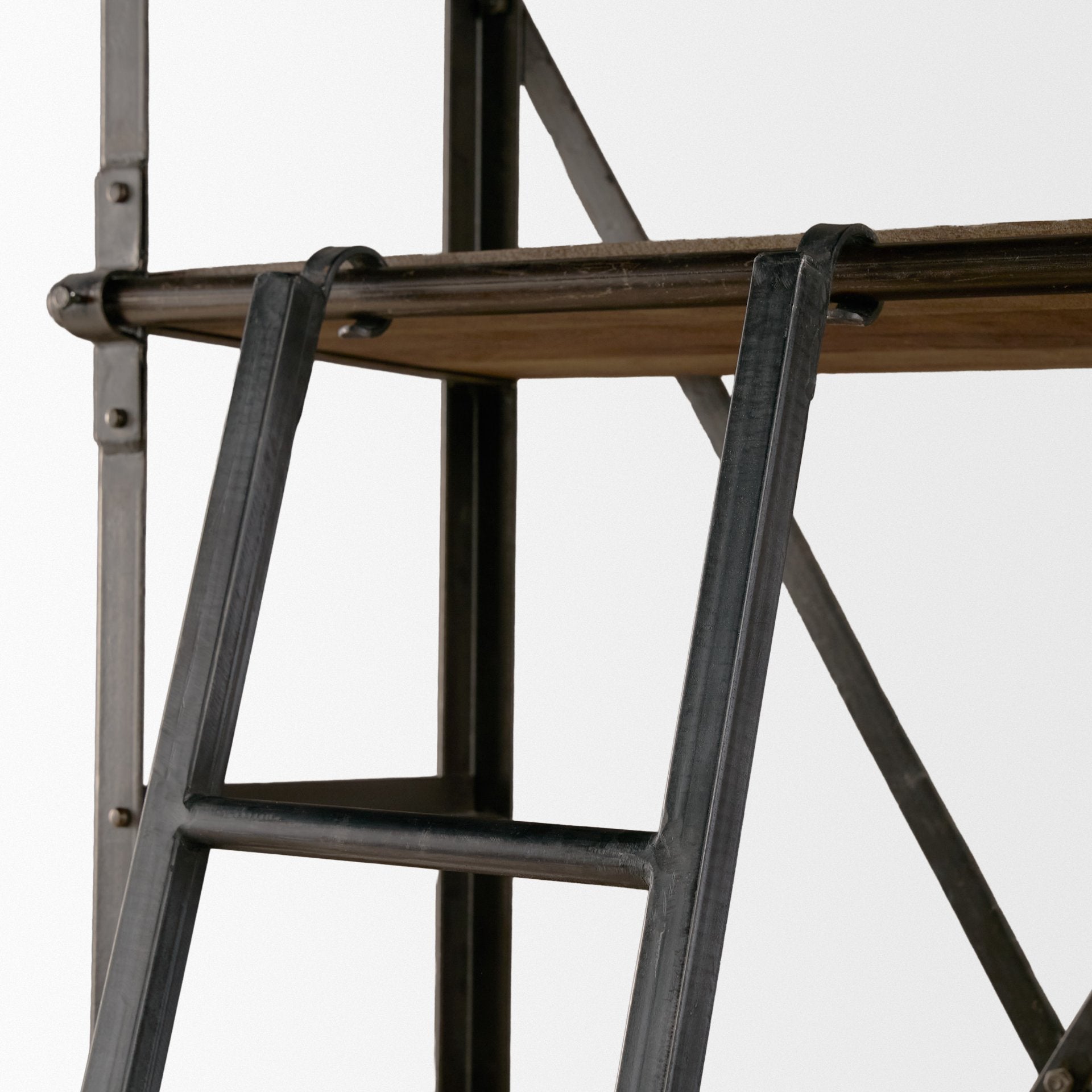 Brodie VII 32L x 22W x 94H Brown Wood Gun-Metal Bracing Four Shelf Shelving Unit