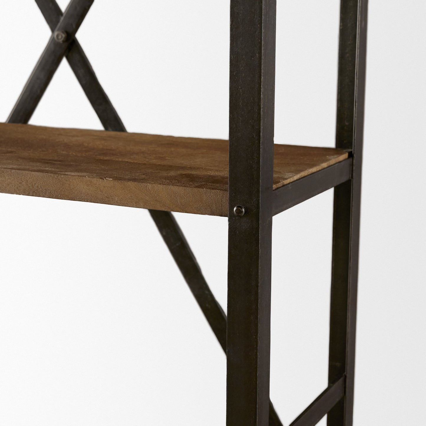 Brodie VII 32L x 22W x 94H Brown Wood Gun-Metal Bracing Four Shelf Shelving Unit