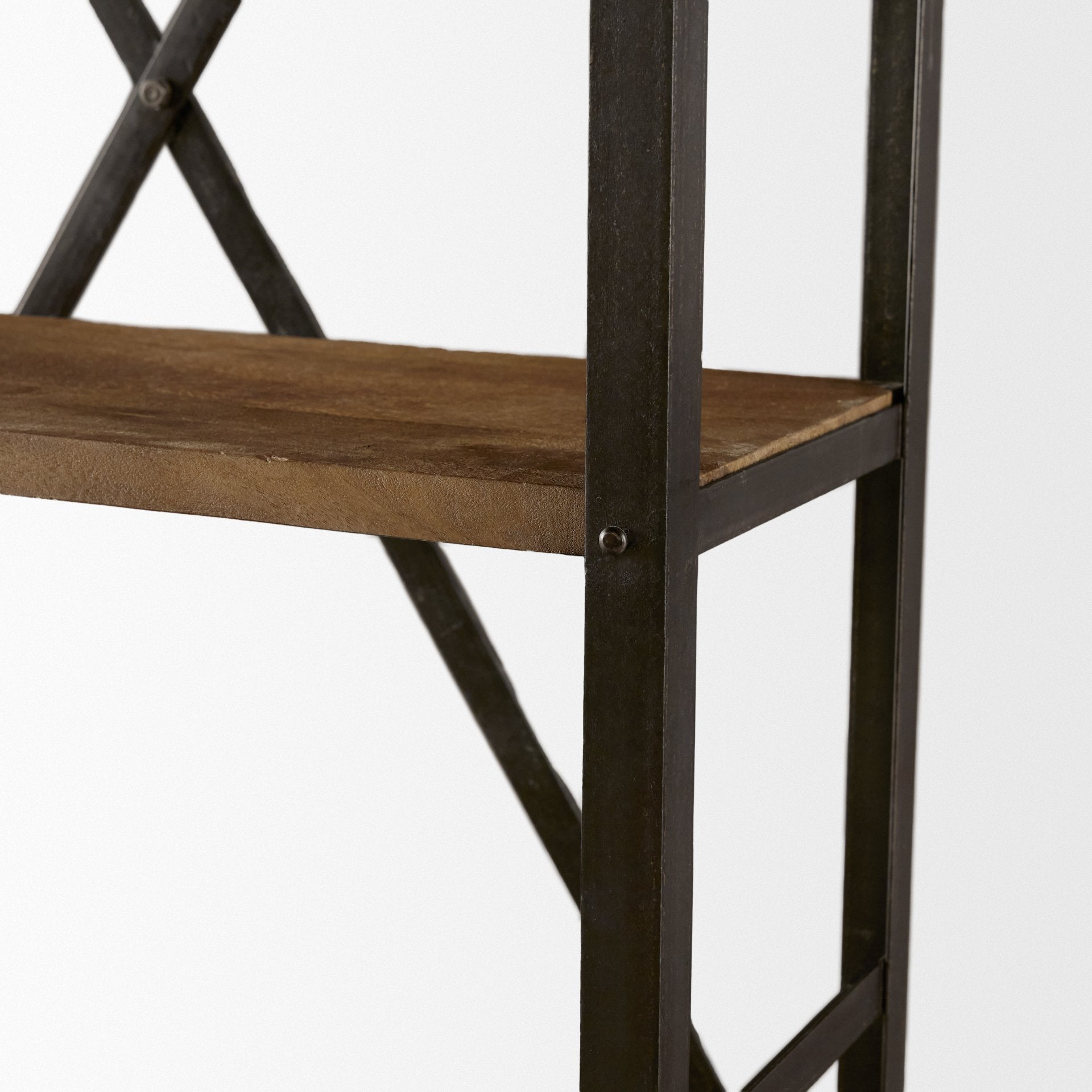 Brodie VII 32L x 22W x 94H Brown Wood Gun-Metal Bracing Four Shelf Shelving Unit