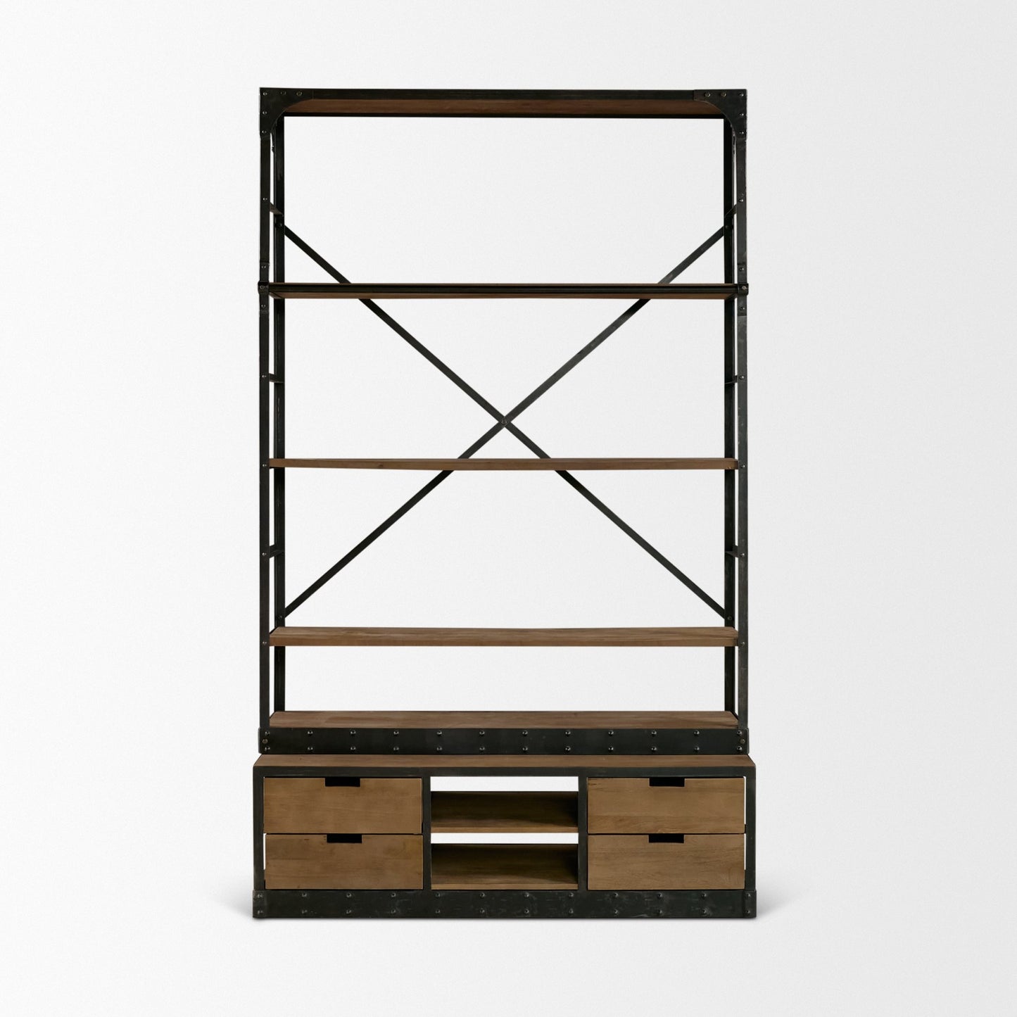 Brodie VIII 57L x 20.5W x 94H Brown Wood Gun-Metal Ladder Four Shelf Shelving Unit