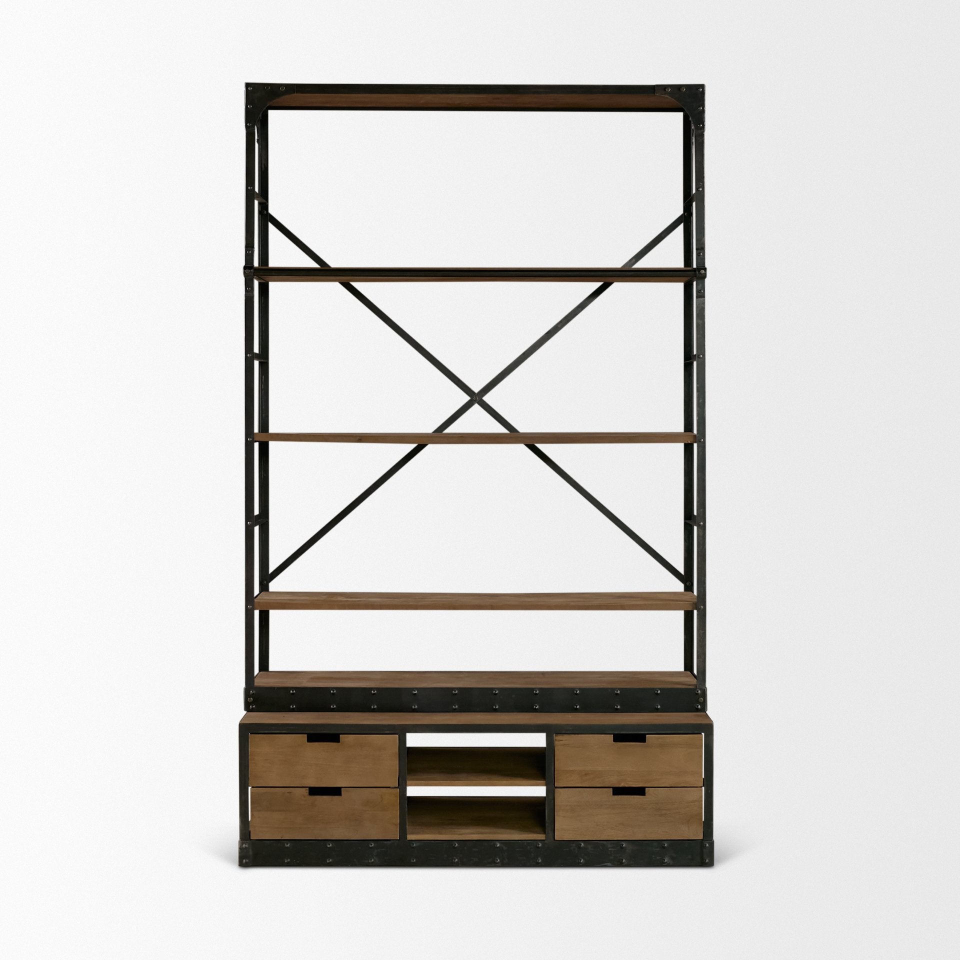 Brodie VIII 57L x 20.5W x 94H Brown Wood Gun-Metal Ladder Four Shelf Shelving Unit