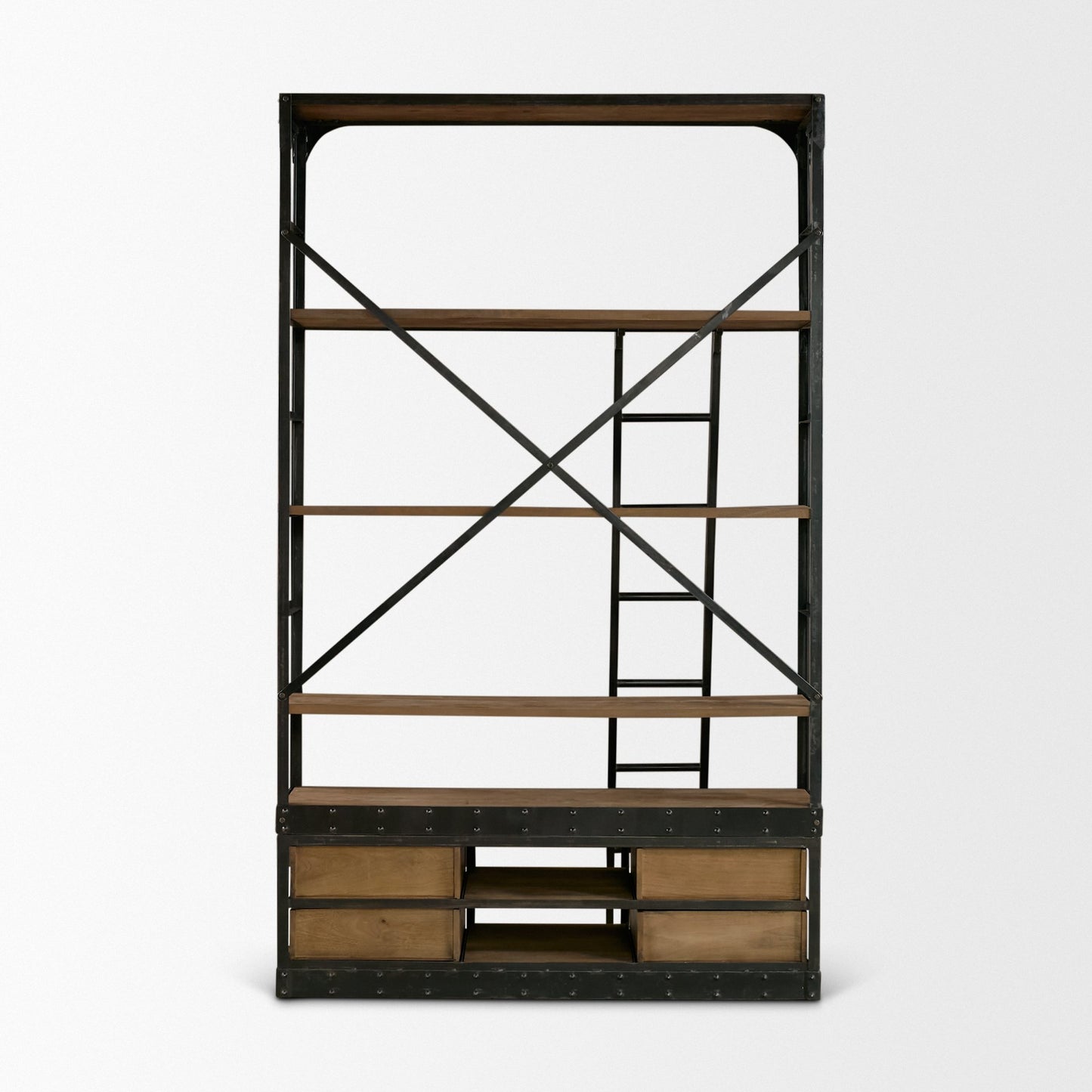 Brodie VIII 57L x 20.5W x 94H Brown Wood Gun-Metal Ladder Four Shelf Shelving Unit